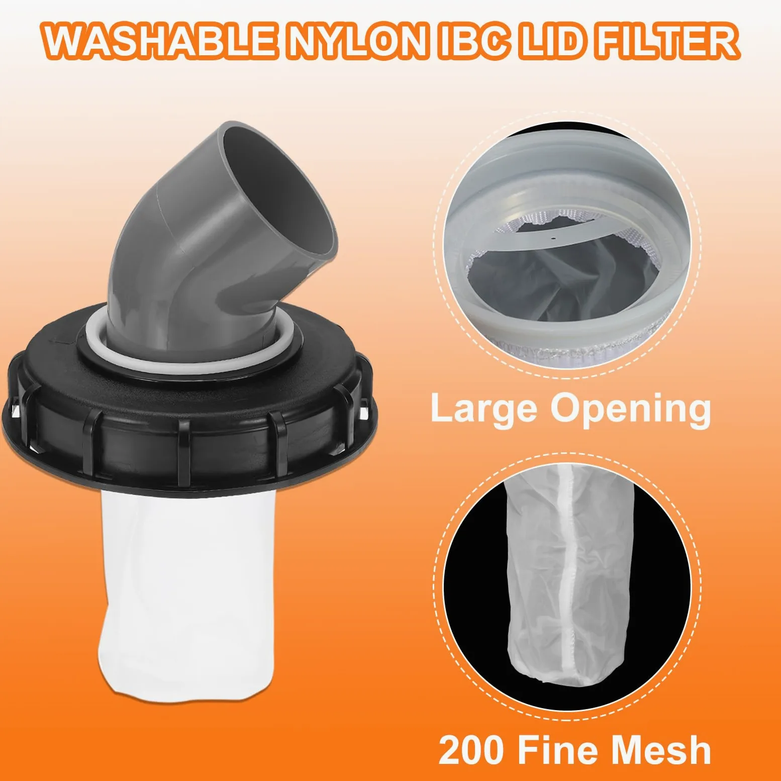 sourcing map Tapa de filtro IBC de 163 mm, adaptador de manguera de plástico IBC de 45°, contenedor de tanque de agua de lluvia de 1000 L con filtro de nailon lavable para tanques de agua de 275