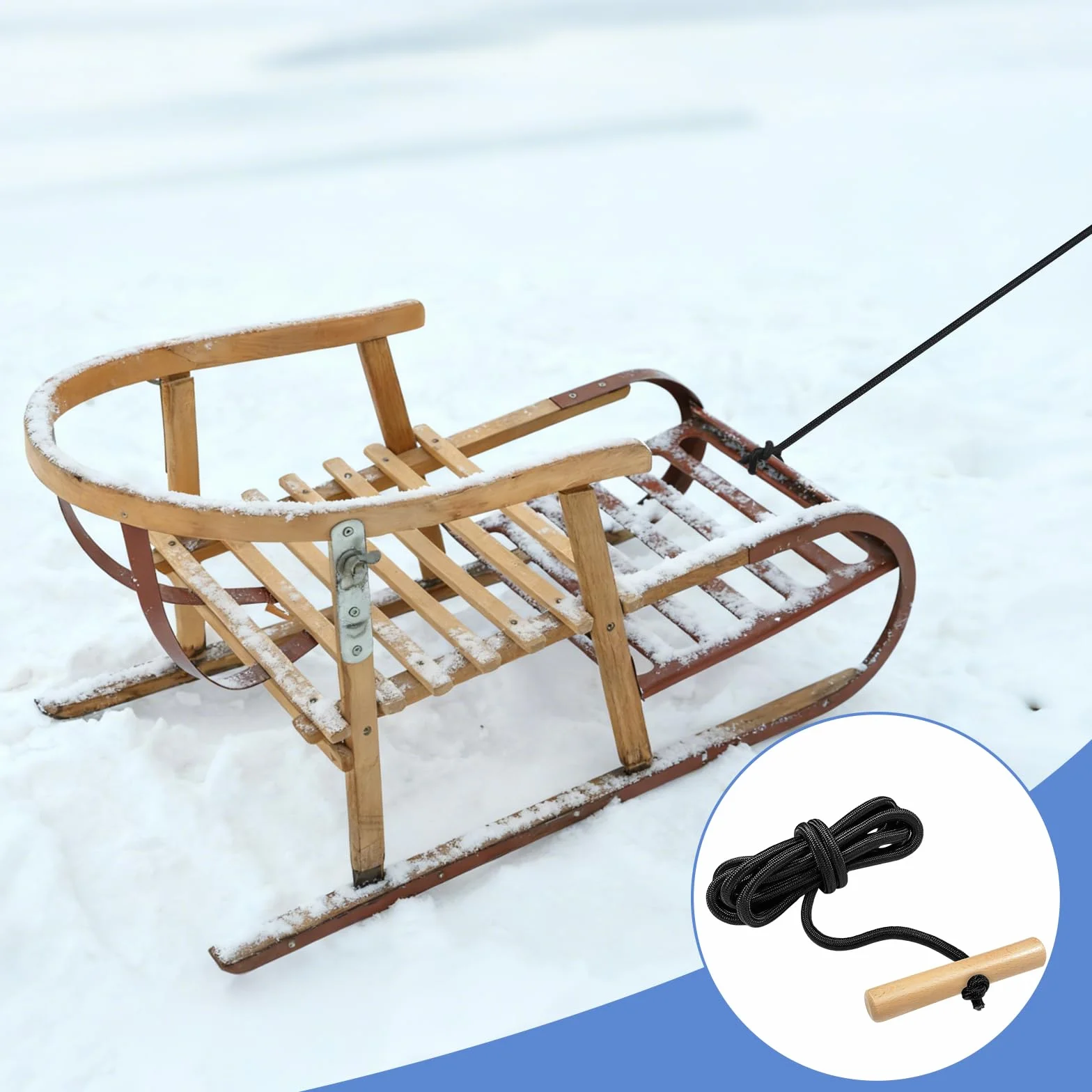 Cuerda de Trineo 1.97m con Mango de Madera, Accesorios de Tracción 5.5mm Negro
