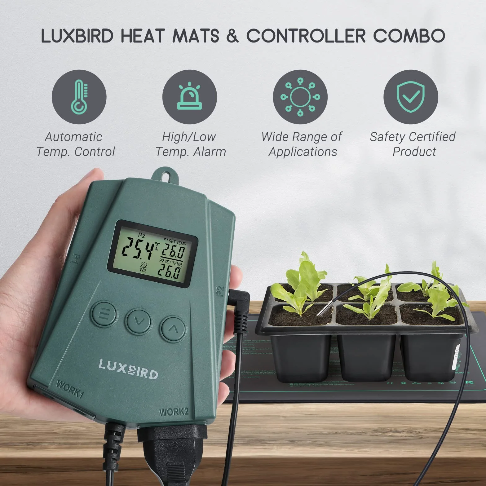 Luxbird Alfombrilla térmica para plántulas y Controlador de termostato, 21W Mantas calefactoras, Esterilla Calefactora para Siembra y Germinación en Interiores 2 Pieza Esterilla calefactora