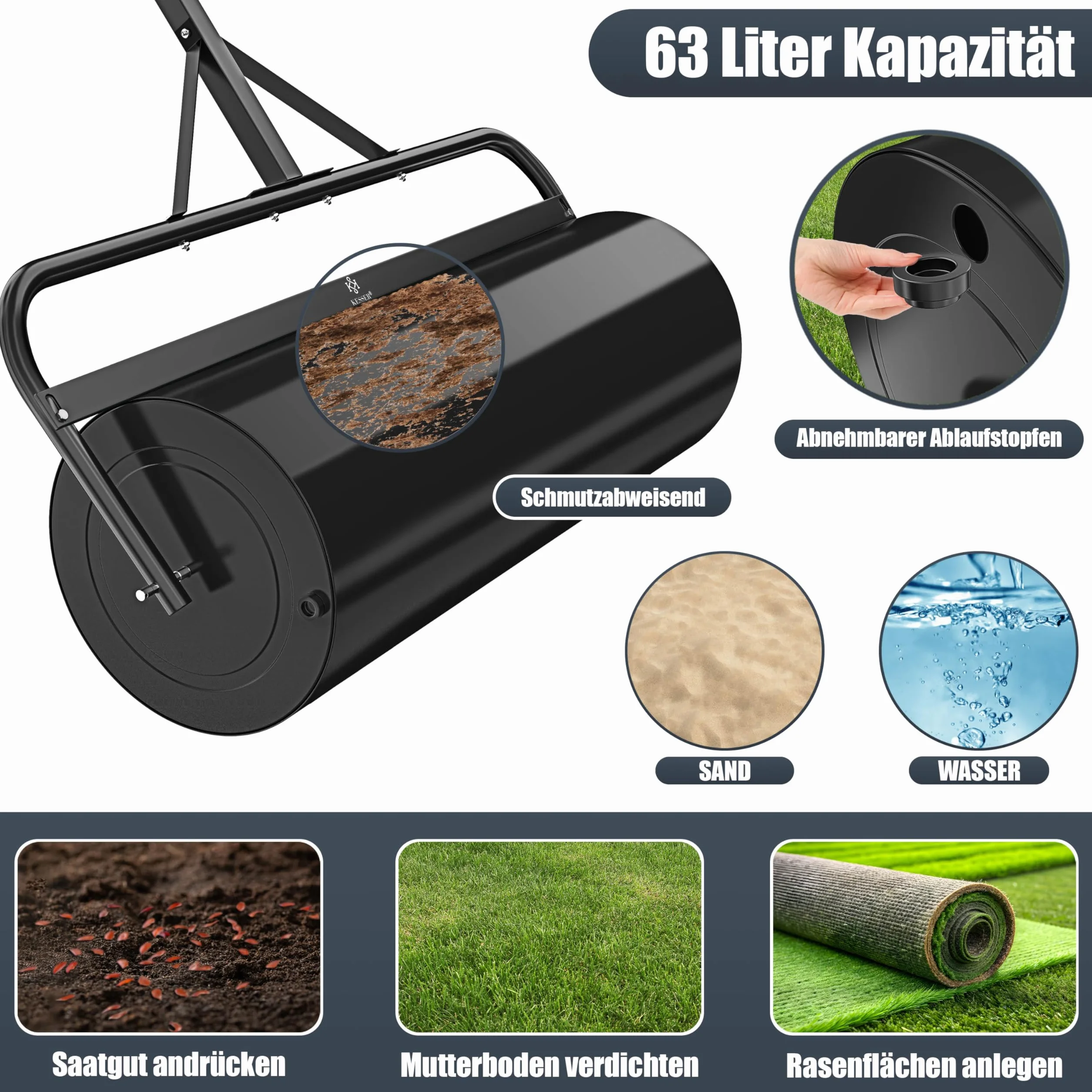 KESSER Rodillo de césped de metal rellenable con agua o arena con 63 litros de volumen y 99 cm de ancho | rodillo de jardín incluye guantes | rodillo manual de césped en negro