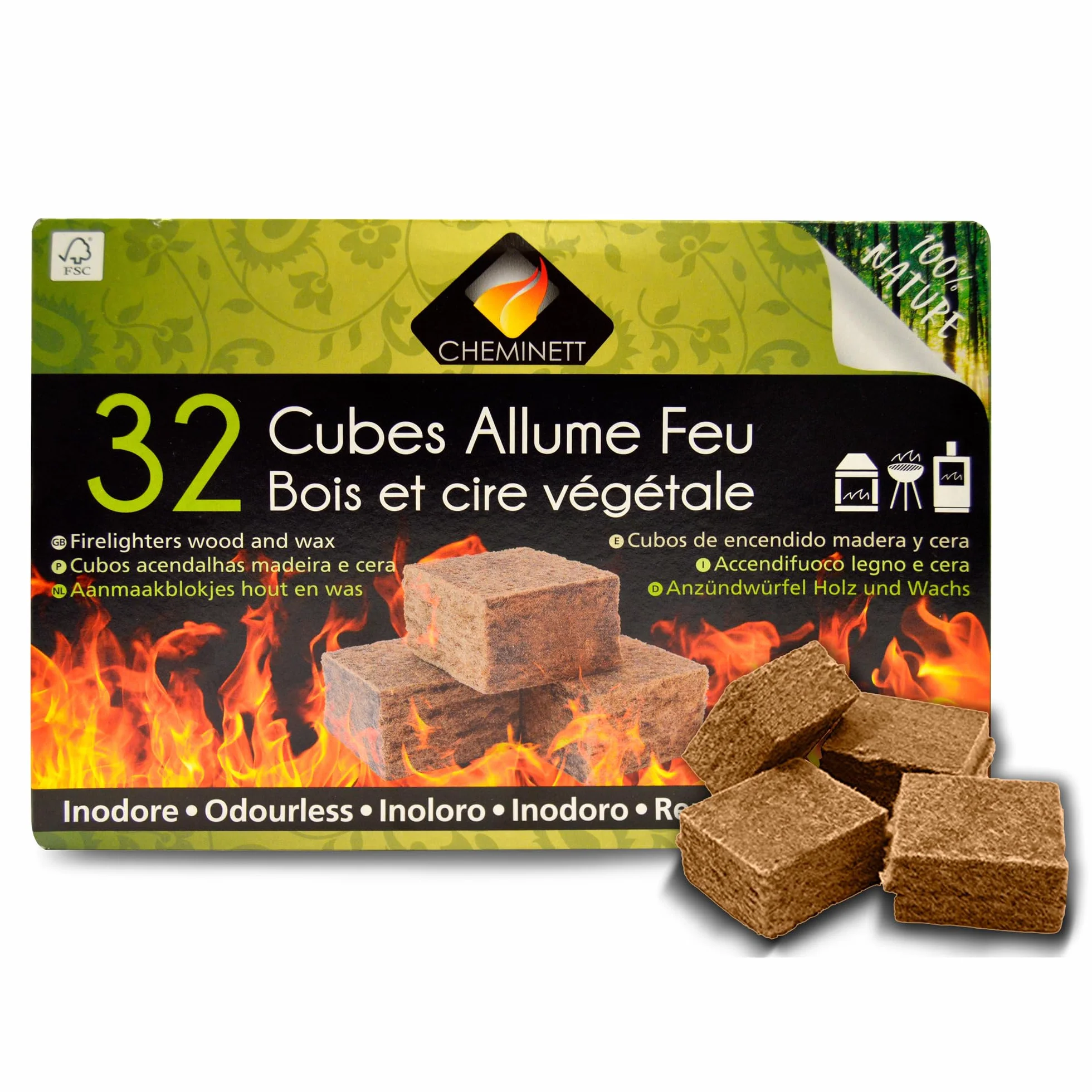 15751-32 Cubos Encendido precortados Cheminett naturales para encender chimeneas, estufas y barbacoas
