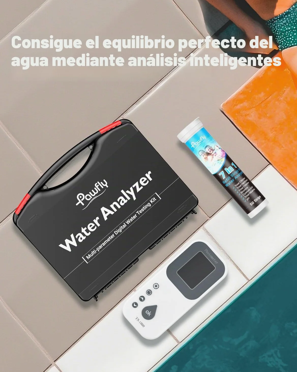 Pawfly Kit Digital de Análisis de Agua 7 en 1, 50 Tiras para Spa, Analizador Digital para Piscinas pH Dureza Total Cloro Total Cloro Libre Alcalinidad Total Ácido Cianúrico y Bromo