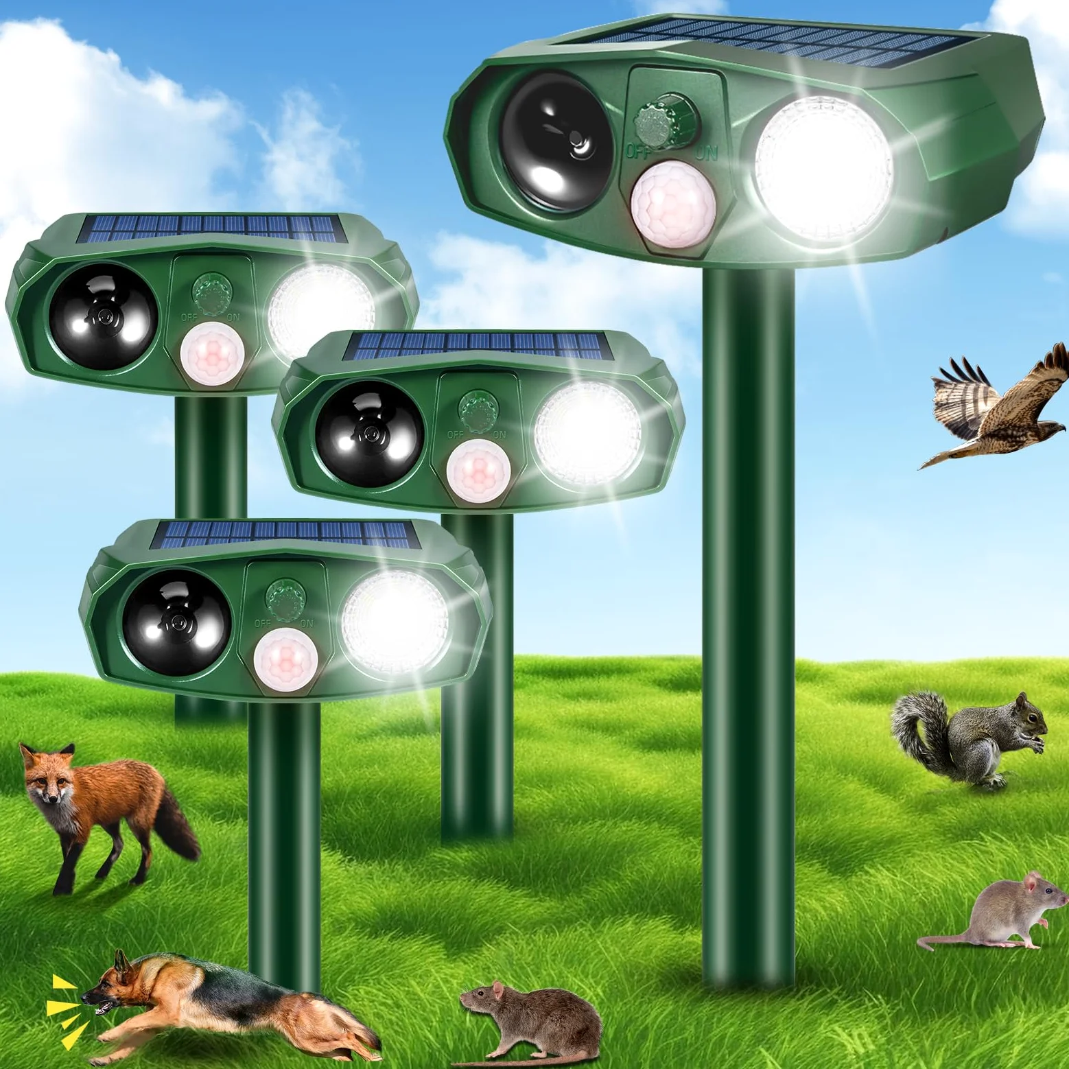 Paquete de 4 repelentes solares ultrasónicos de animales para exteriores, dispositivos disuasorios de ciervos con sensor de movimiento, repelente solar de ganso
