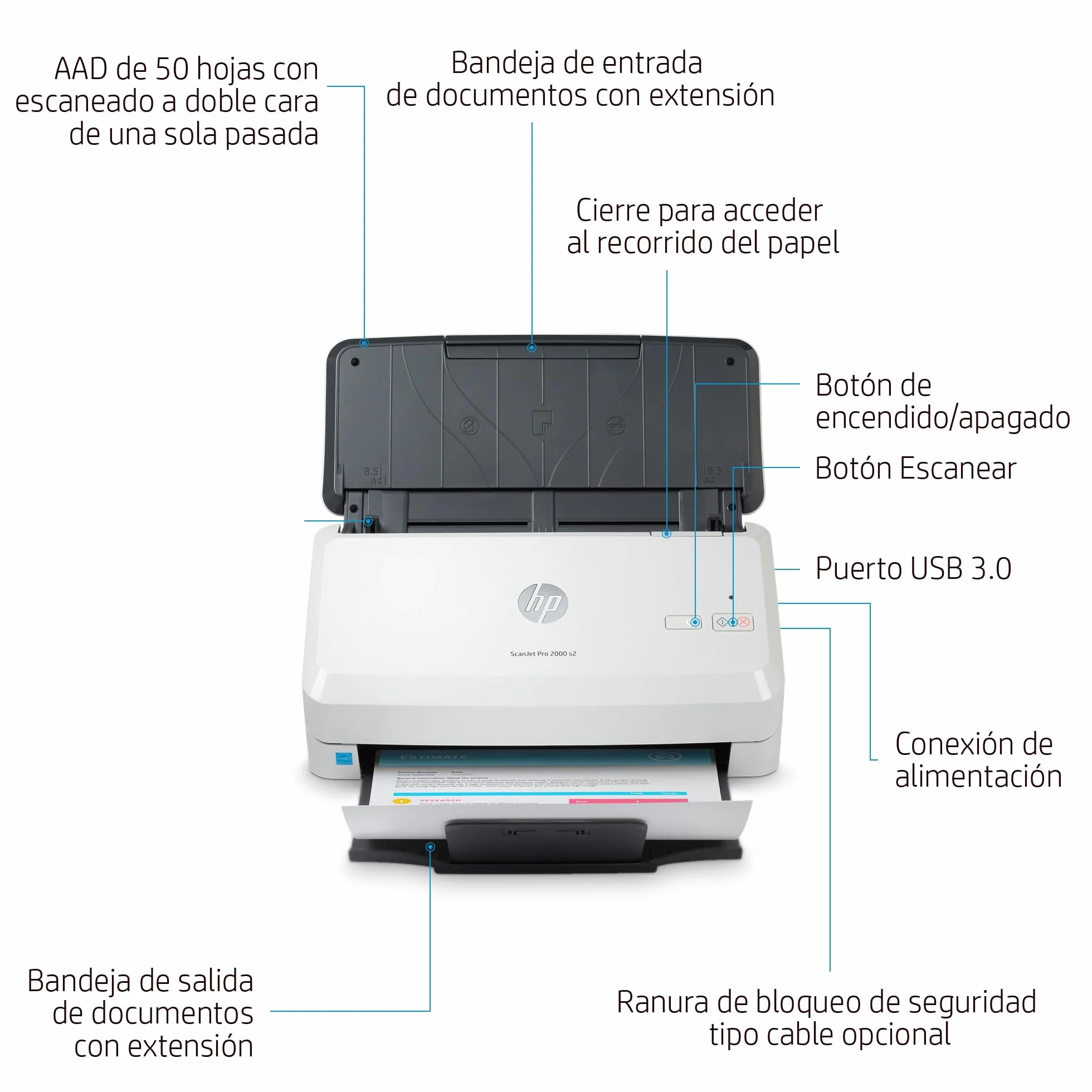 HP ScanJet Pro 2000 s2 Escáner Documentos ADF 50 Hojas Doble Cara 35 ppm 70 ipm USB 3.0 Gris