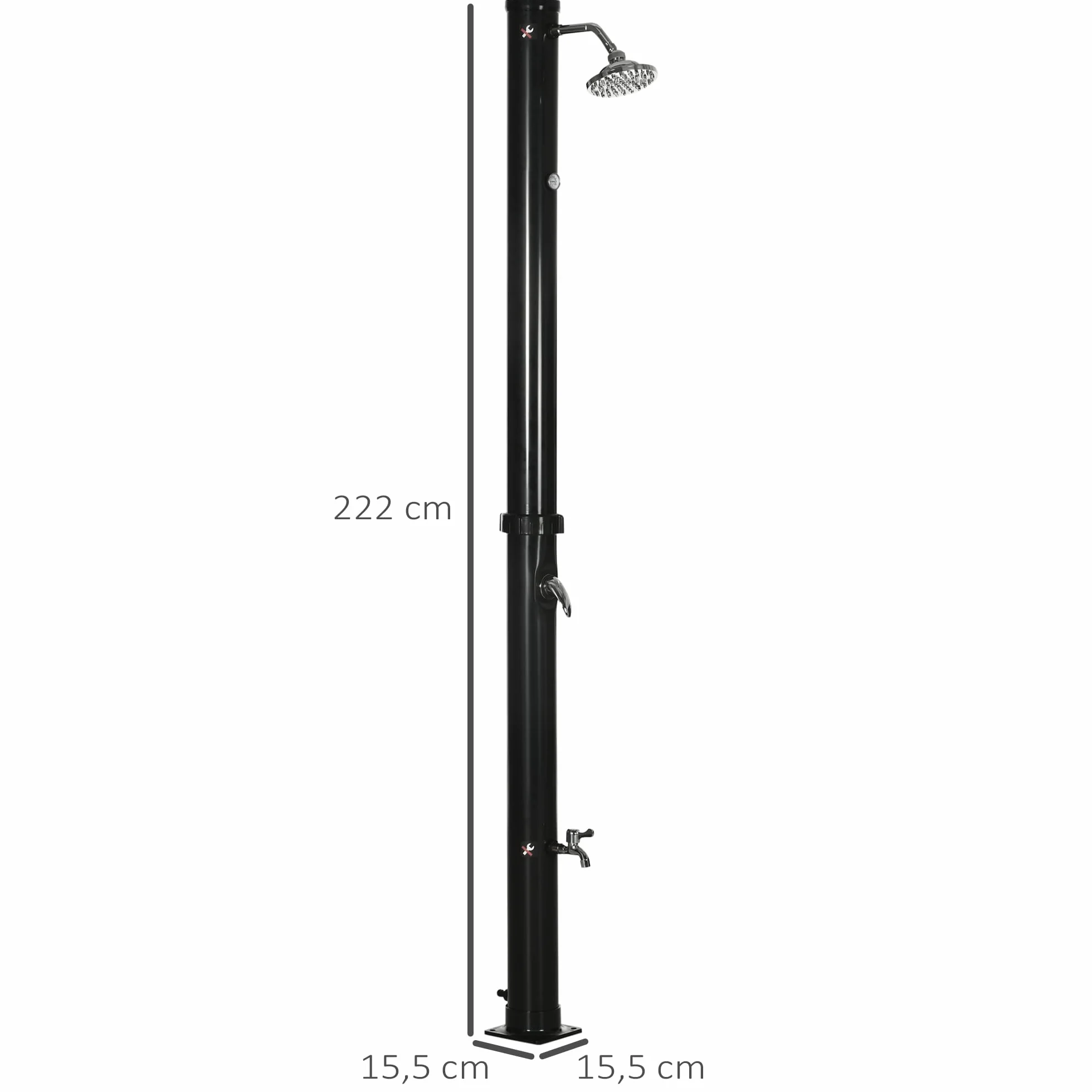 Outsunny Ducha Solar de Jardín 20L Ducha Exterior con Cabezal de Ducha Redondo Grifo Agua Caliente Máx. 60℃ y Ducha para Pies para Piscina Patio Playa 15,5x15,5x222 cm Negro