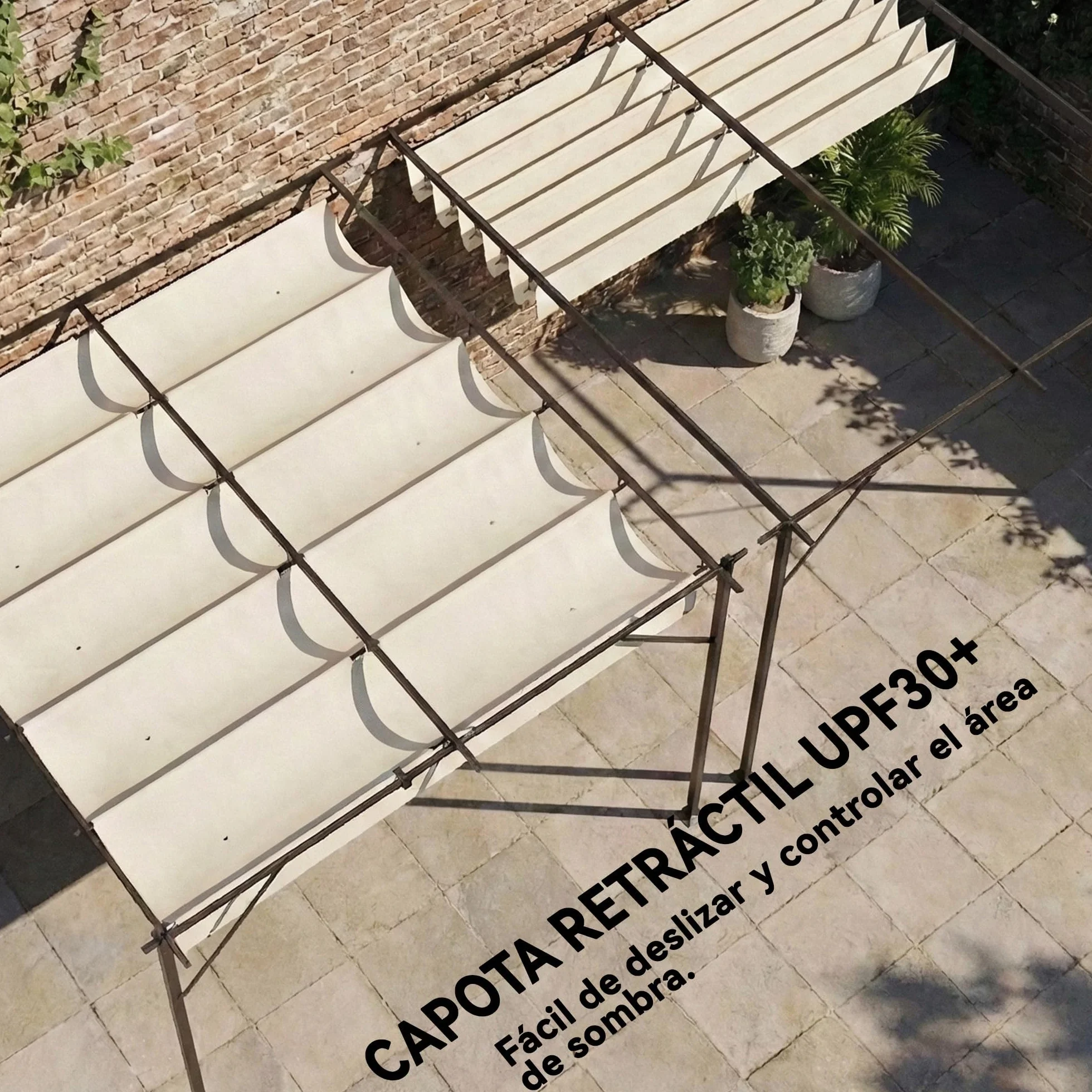 Outsunny Pérgola de Pared de Jardín 3x3 m, Cenador de Jardín con Techo Retráctil, Protección UPF30+, Orificios de Drenaje y Estructura Metálica, Pabellón para Patio, Terraza, Exterior, Blanco Crema