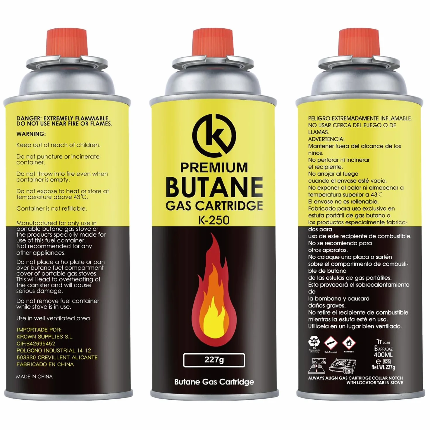 KROWN - Pack de Cartuchos K-250 de Gas Butano 227g para Hornillos Quemadores, Cartucho de Gas para Camping K-250, Bombonas para Sopletes (12 Unidades)