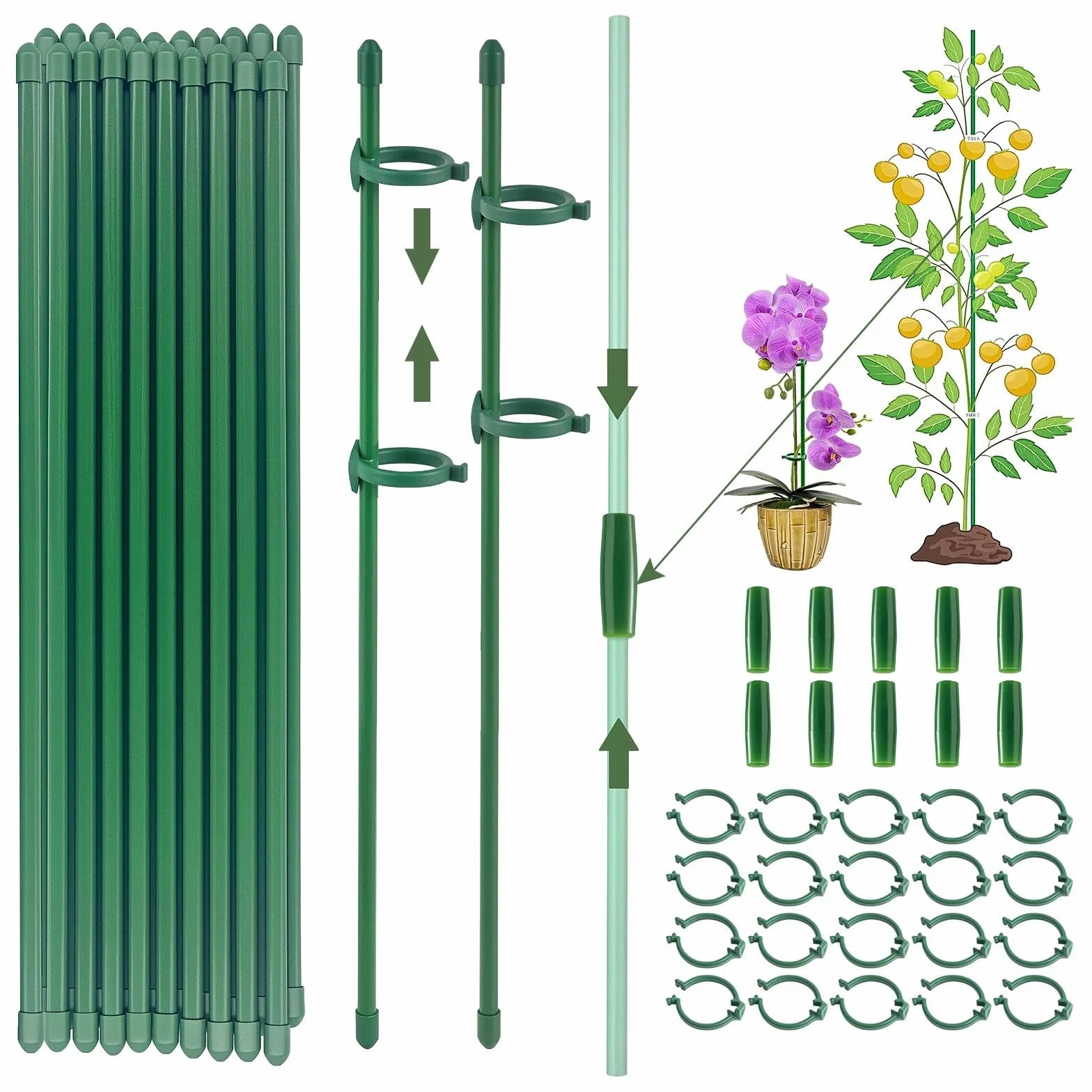 20 Piezas Tutores para Plantas, Palos para Sujetar Plantas con 20 Clips Plantas 10 Tubos de Extensión, para Plantas para Orquídeas, Tomates, Peonías, Enredaderas (90 PCS)