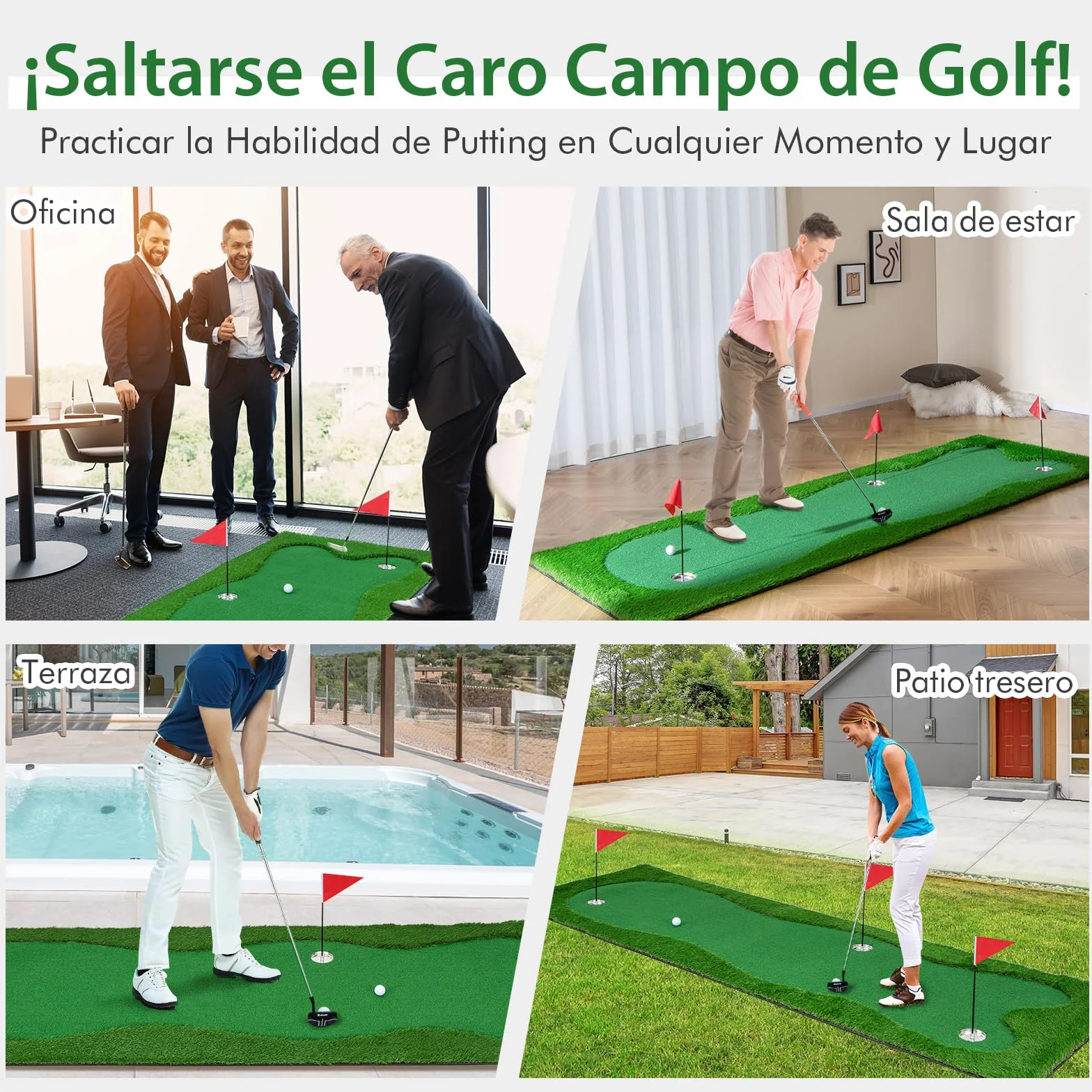 COSTWAY Alfombra de Putting de Golf 300x100 cm 3 Hoyos Banderas Tazas