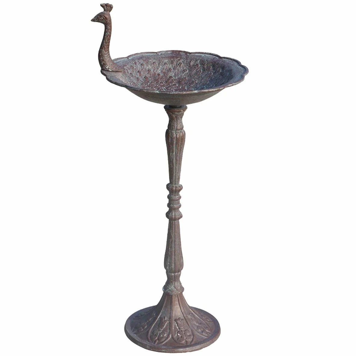 TentHome - Comedero y Bebedero para Pájaros en Forma de Pavo Real, Hierro Fundido, para Baño de Pájaros, Jardín Exterior, Marrón Envejecido