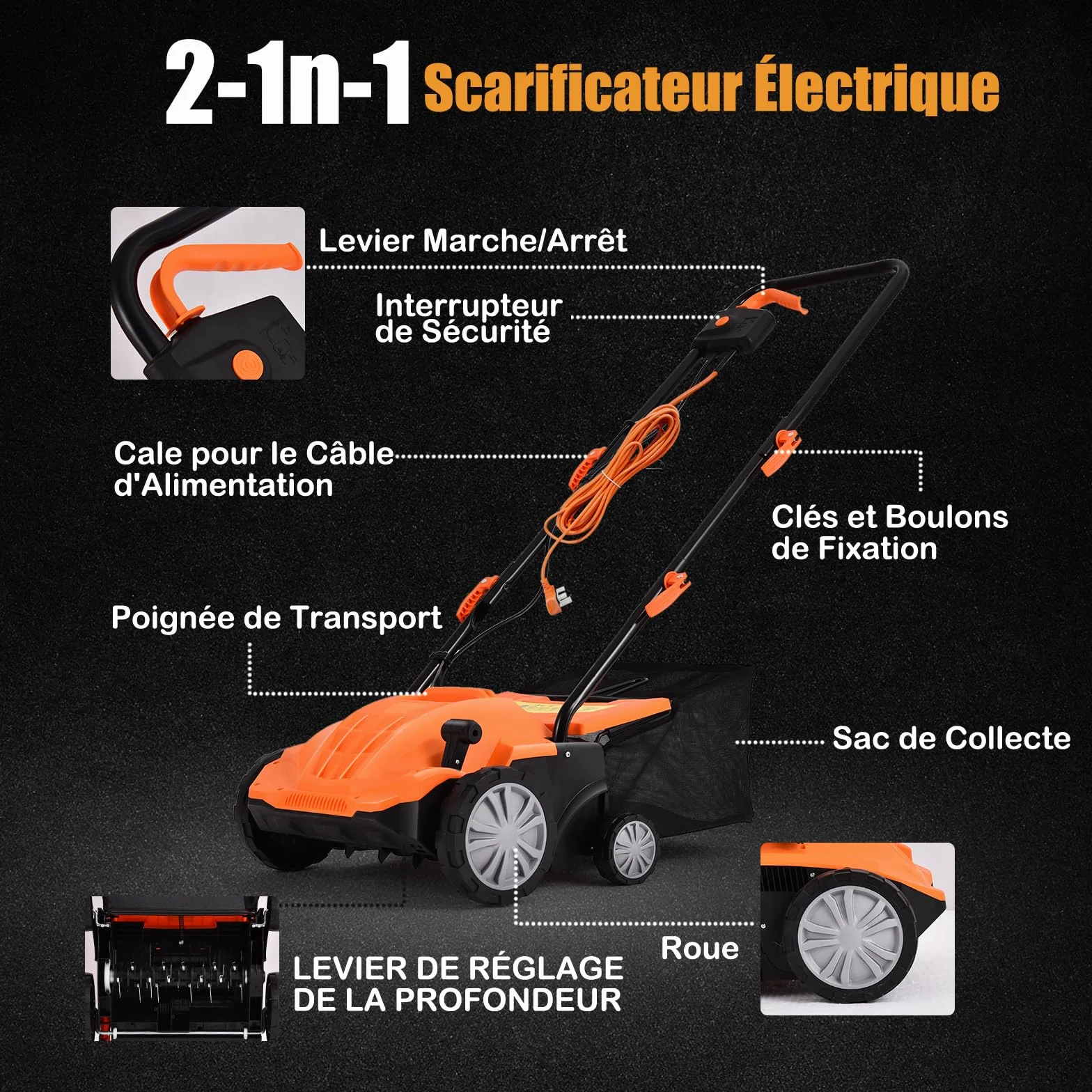 GOPLUS Escarificador Eléctrico 2 en 1, con Bolsa de Recogida de 30L/45L, Aireador de Césped con Altura Ajustable en 4 Niveles, 2 Cuchillas Extraíbles y Asa Plegable (30L,Naranja)