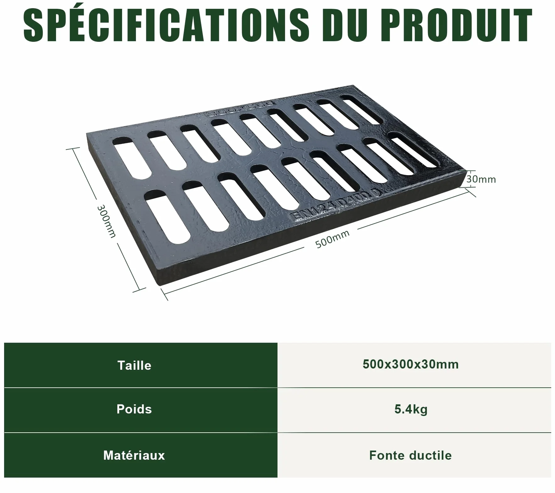 Rejilla de drenaje para zanjas, 500 x 300 mm, de hierro dúctil, resistente, rectangular, rejilla de drenaje de metal, para entradas, jardines, eliminación de aguas residuales, senderos