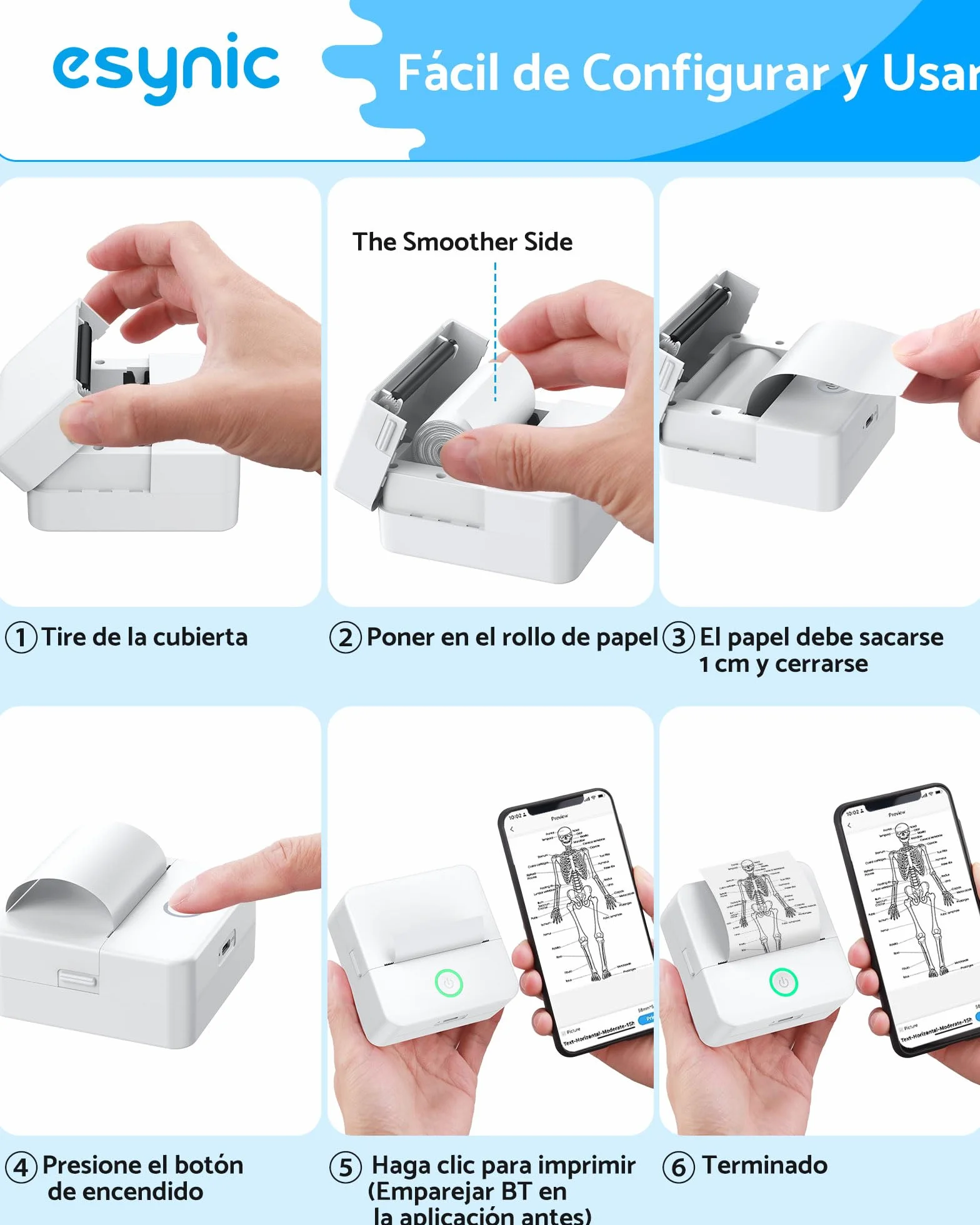 eSynic Mini Impresora Fotográfica Portátil con 10 Rollos Papel, Bluetooth Térmica Sin Tinta
