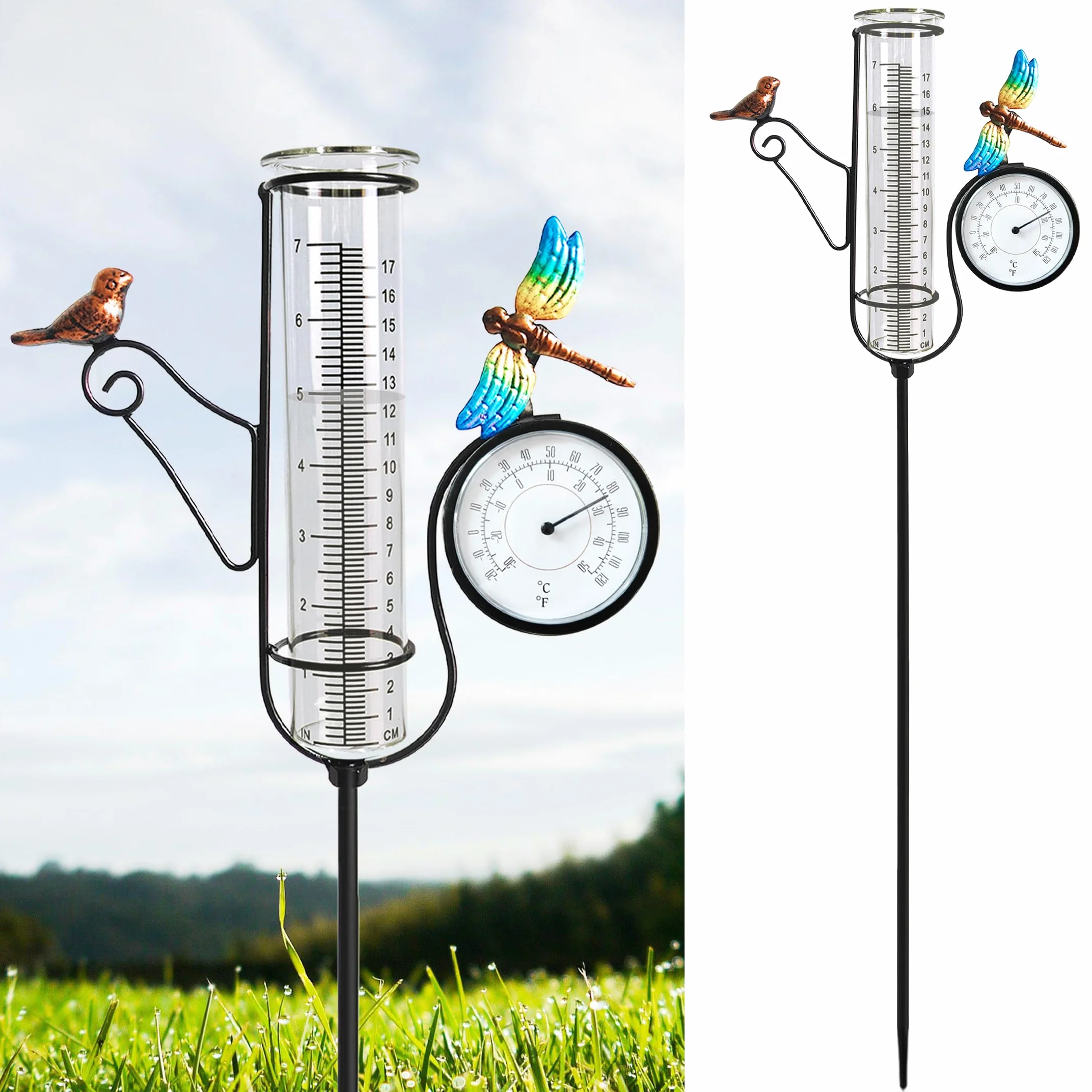 Bird & Dragonfly Art - Medidor de Lluvia para Exteriores, con termómetro de Calibre de 27 Pulgadas, Marco de Metal, medidores precisos al Aire Libre, números Grandes, Adecuado para jardín