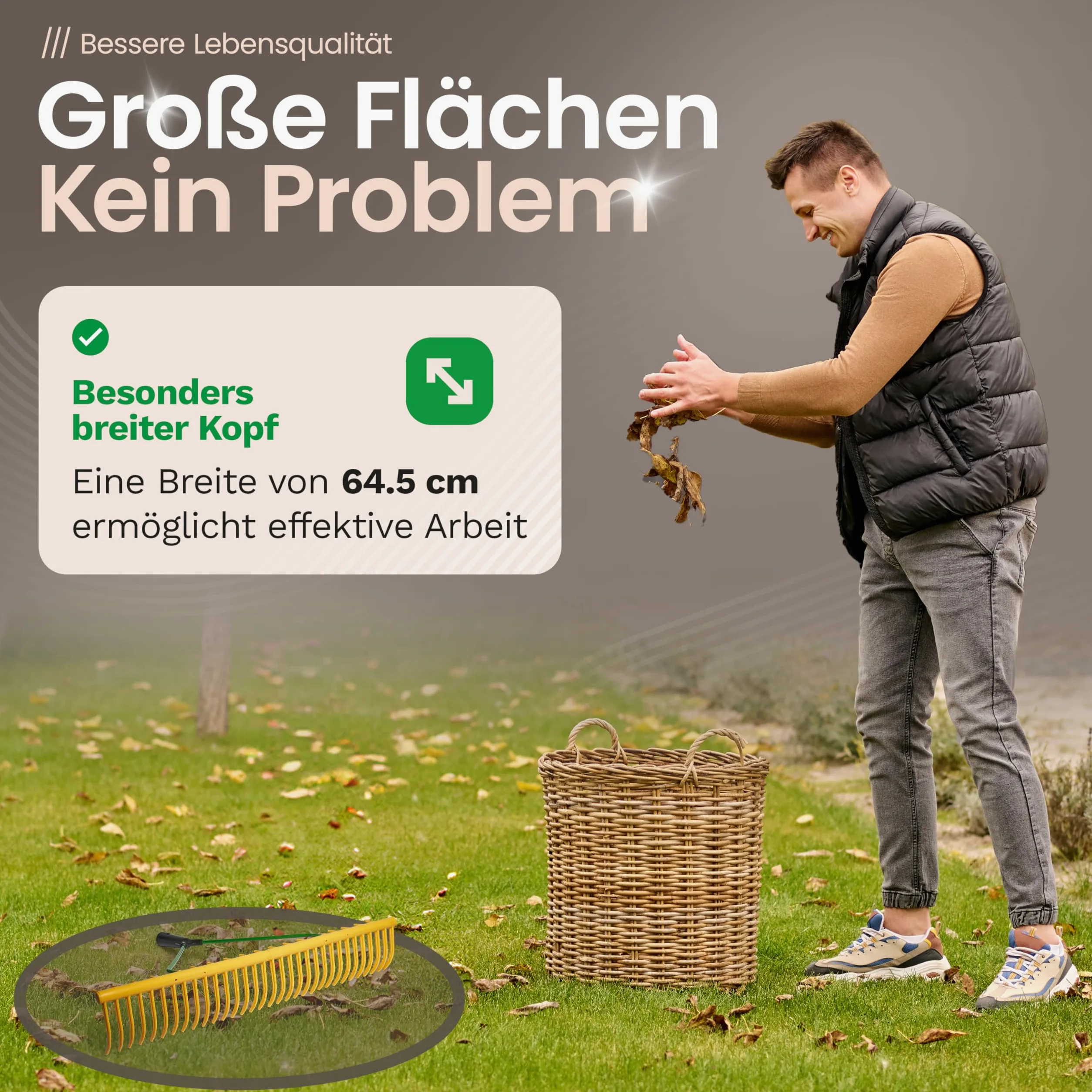 Novatool Rastrillo de jardín con recolector de césped, 32 dientes y mango telescópico de hasta 152 cm, ancho de trabajo 64,5 cm, rastrillo de plástico y metal, colector de hojas, rastrillo de césped