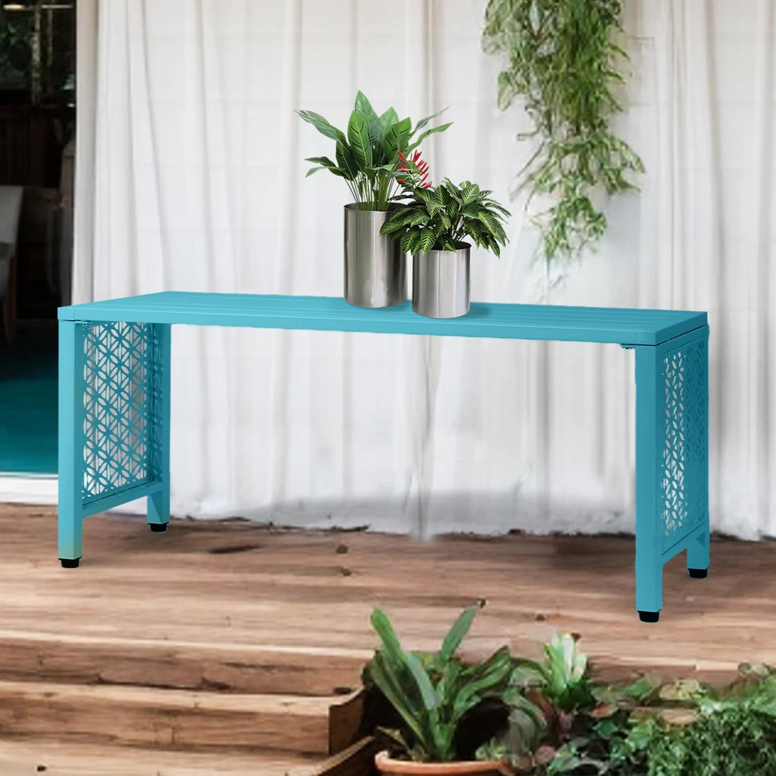 Bonnlo Banco de Jardín Exterior Metálico 2 Plazas 150 kg Diseño Flor Azul