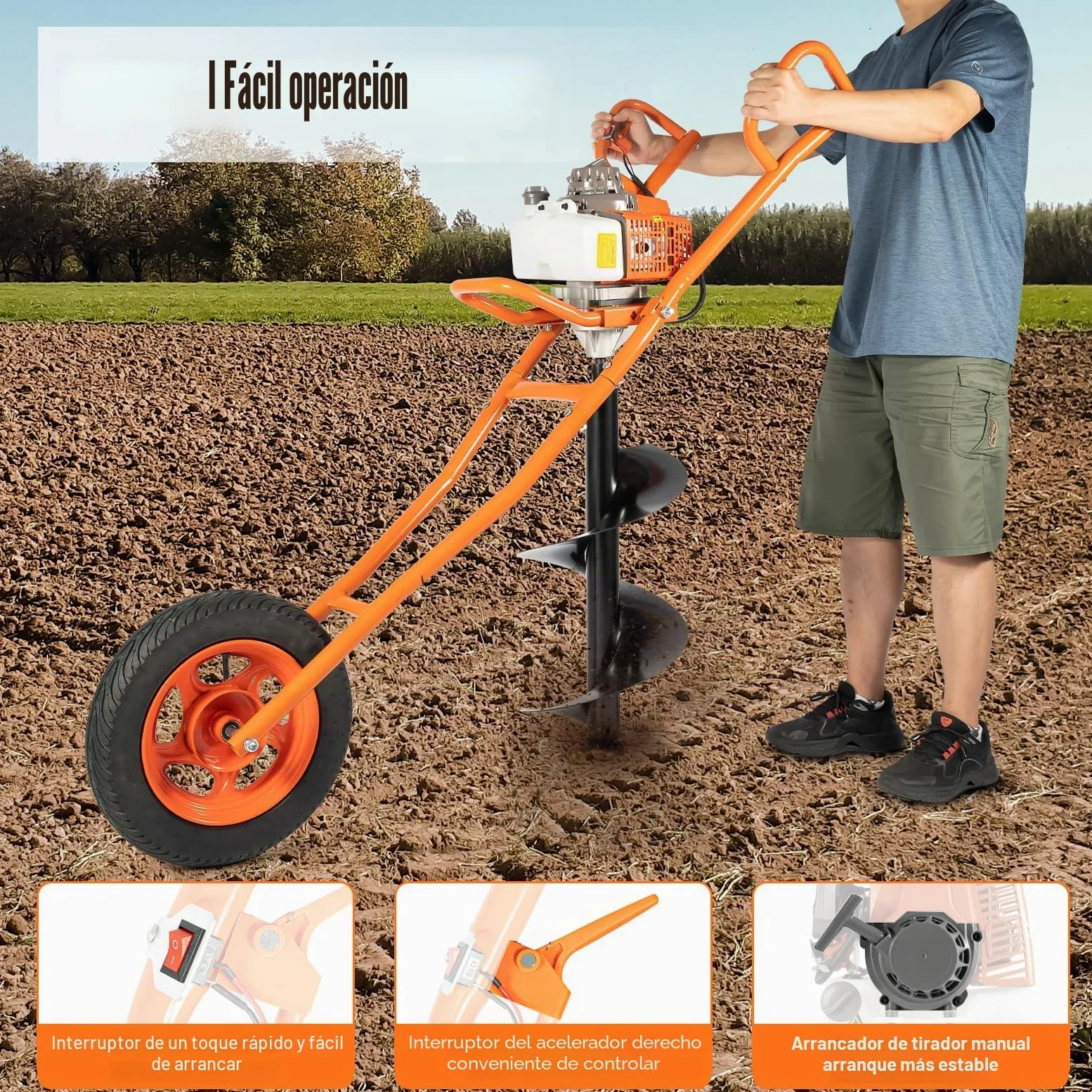 Ahoyadora Gasolina 63,3 cc con Rueda y Broca de 300 mm, 2 Tiempos | Potencia de 2,2 kW, Hasta 8800 rpm, Depósito de 1,3 L, Arranque Manual y Transmisión 30:1 para Plantar y Colocar Postes