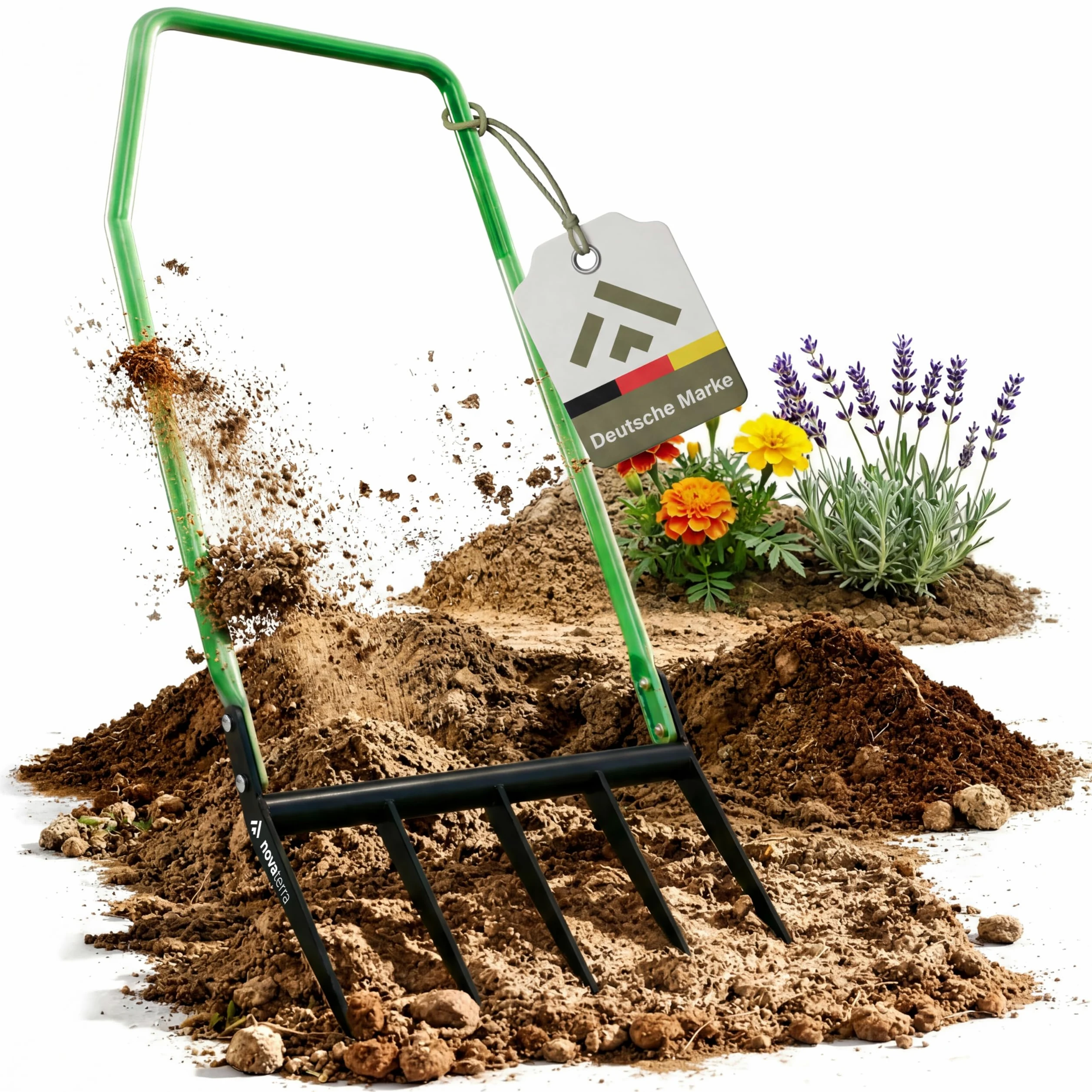 novaterra Horquilla premium con 5 púas – Horquilla ergonómica Broadfork – aflojamiento del suelo que protege la espalda y cavar eficientemente – Tenedor de jardín robusto para macizos de flores