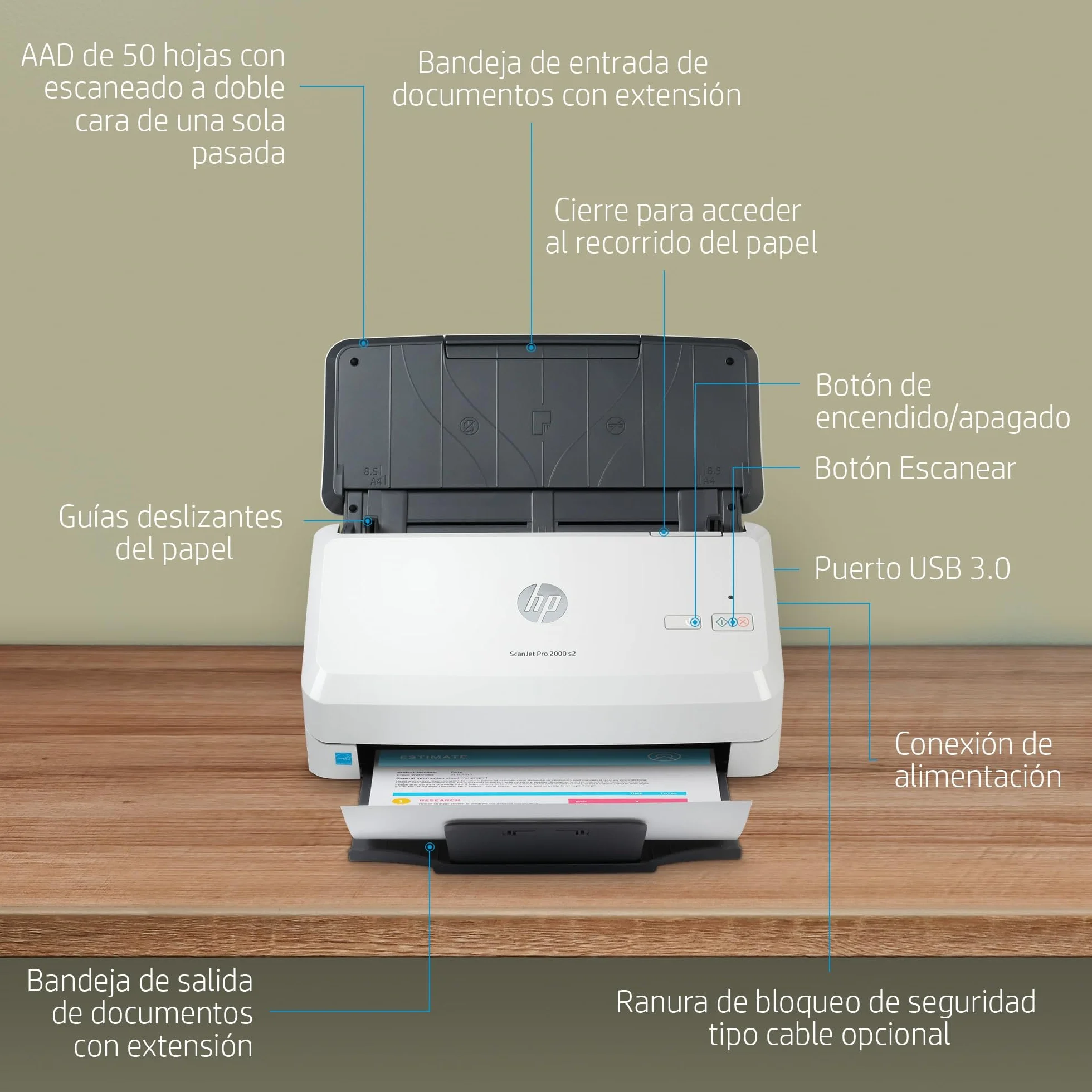 HP ScanJet Pro 2000 s2 Escáner Documentos ADF 50 Hojas Doble Cara 35 ppm 70 ipm USB 3.0 Gris