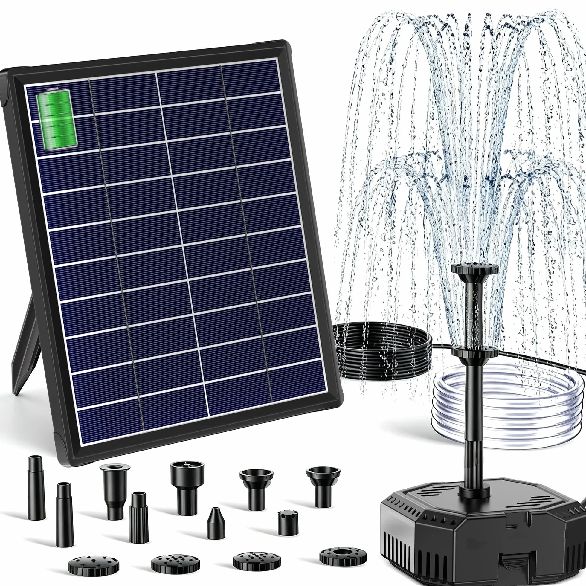 Biling Filtro solar para estanque de 6,5 W con batería y 10 boquillas, bomba solar para estanques claros de hasta 500 L, silenciosa bomba solar con tubo de agua para mini estanques de jardín, fuentes