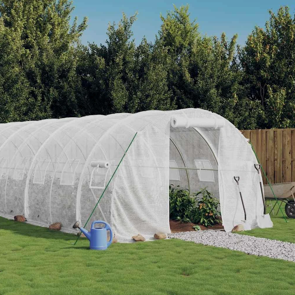 Invernadero con marco de acero blanco, 48 m², 16 x 3 x 2 m, cubierta de polietileno resistente a los rayos UV, ventanas enrollables, casa de plantas transitable para cultivo de hortalizas