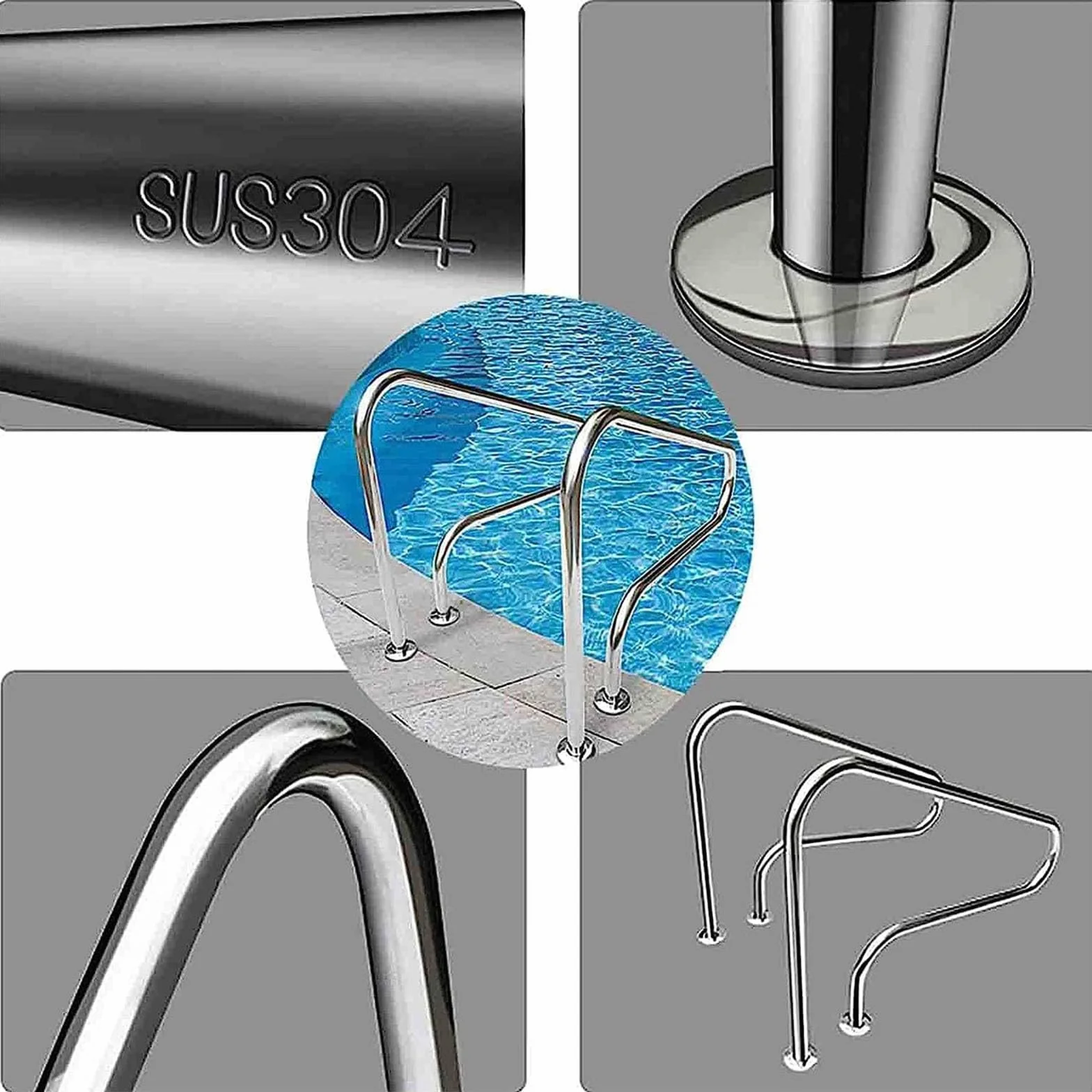 Barandillas de Piscina de Acero Inoxidable 304, Pasamanos de Seguridad Antideslizante para Entrada y Salida de Piscina