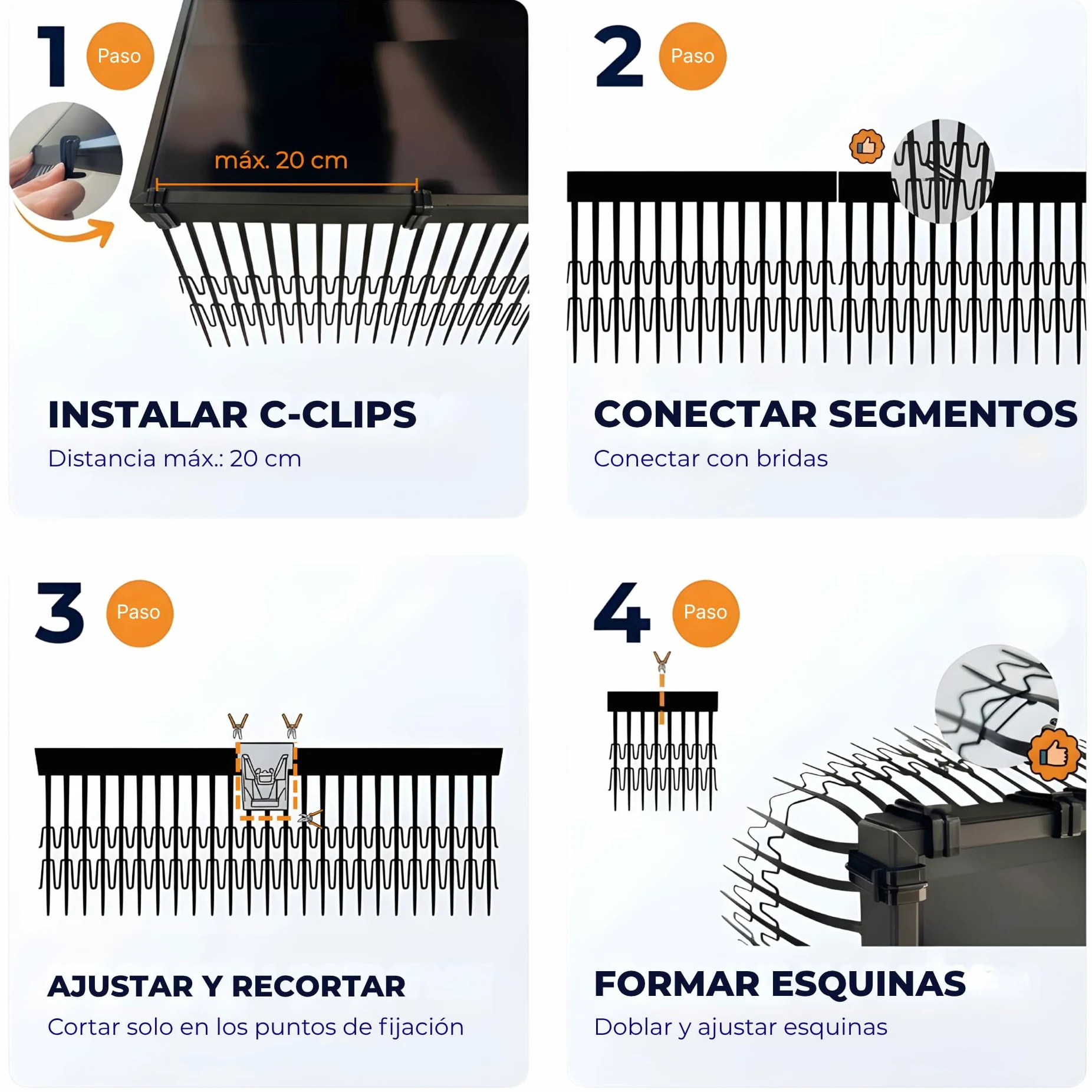 Repelente de Aves 40 m – C-Clip 30 mm – Extra Hoch 200 mm, Perimeter Segment Resistente a los Rayos UV para instalaciones solares