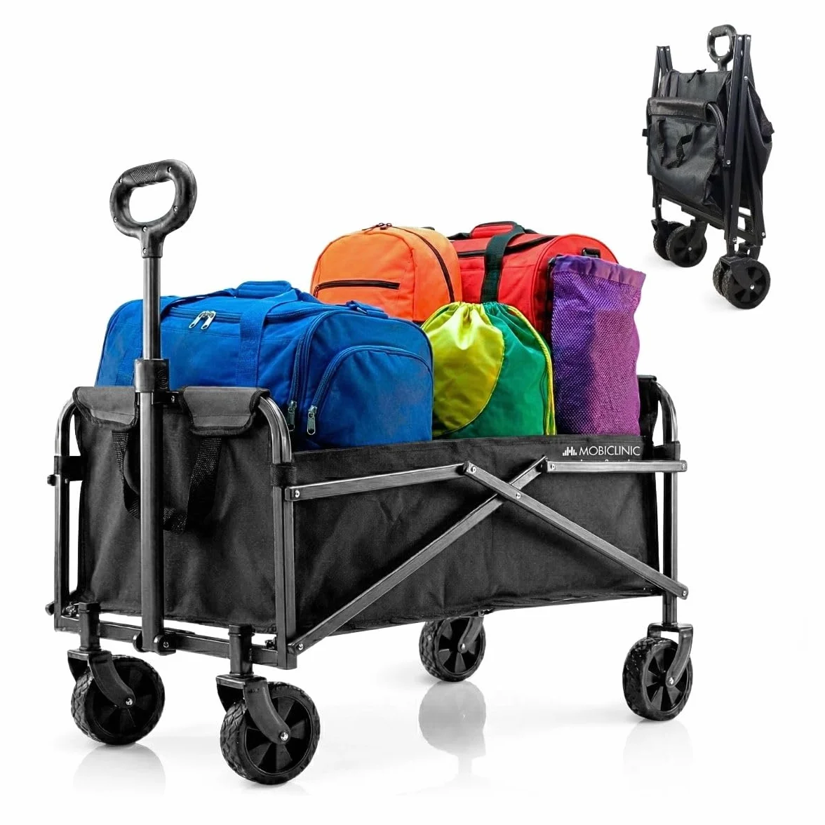 Mobiclinic®, Carro de Transporte Plegable, para la Playa y el Jardín, Asa Ajustable, hasta 80 kg, Ruedas Todoterreno 360º, 60L, Impermeable, Acero, PVC, Negro (71x47x50cm)