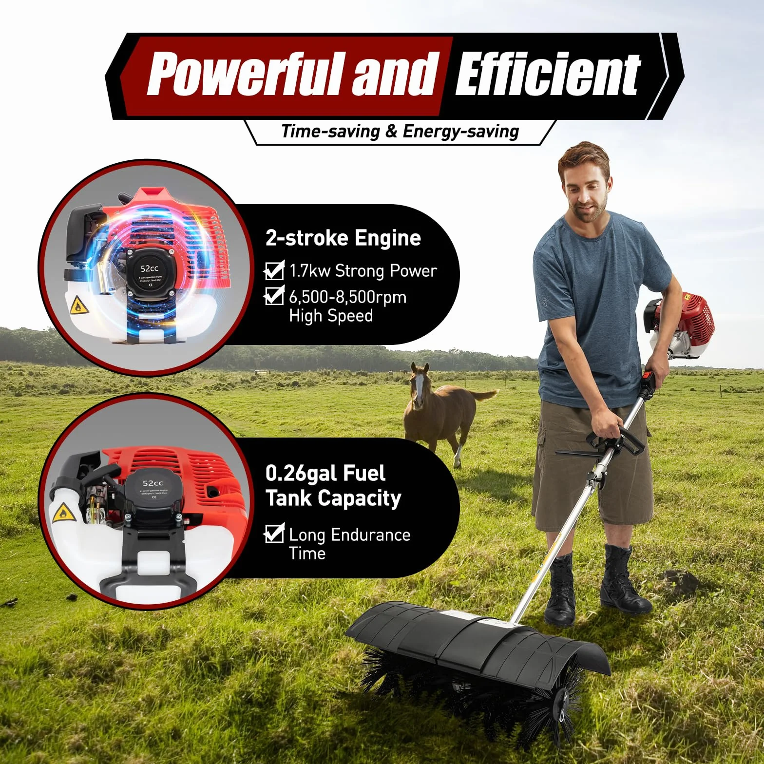 DIFU Escoba de motor de gasolina de 52 cc con gafas protectoras, kit de barredora de gasolina, 2,3 CV, recogedora de nieve, refrigerada por aire, escoba de gasolina de 2 tiempos para exteriores