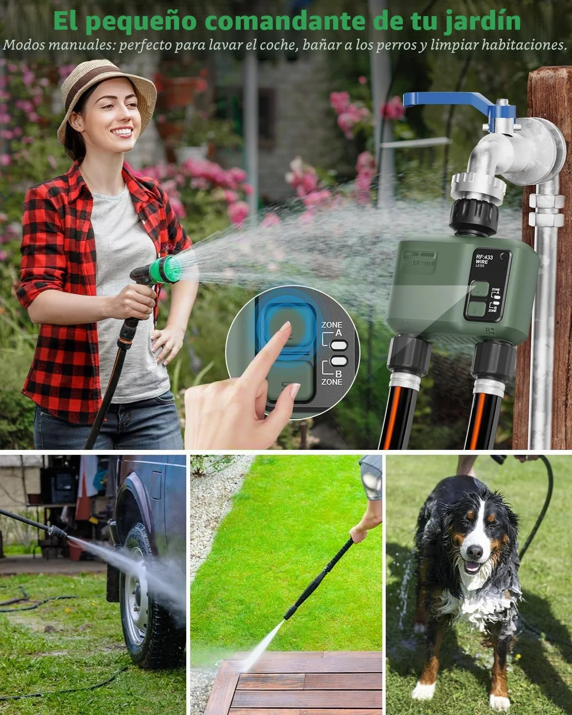 Programador de Riego WiFi+RF433 2 Salidas Automatico y en Poco Tiempo Flexible Temporizador con Riego Retrasado por Lluvia para Mangueras Jardin