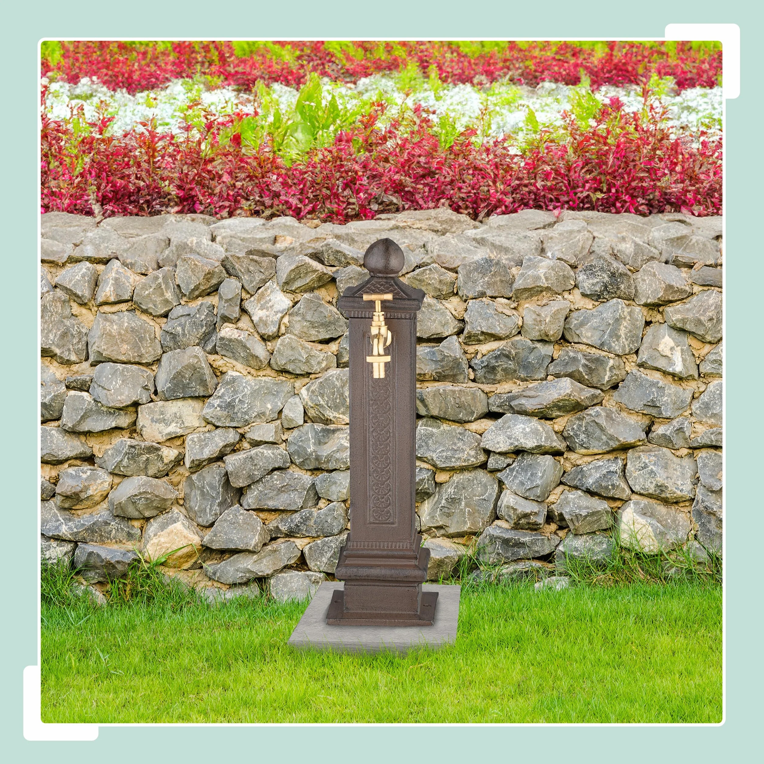 Relaxdays Fuente de Pie Antigua, con Grifo, 47 x 14 x 18,5 cm, Bebedero de Jardín, Terraza, Aluminio Fundido, Marrón, Acero
