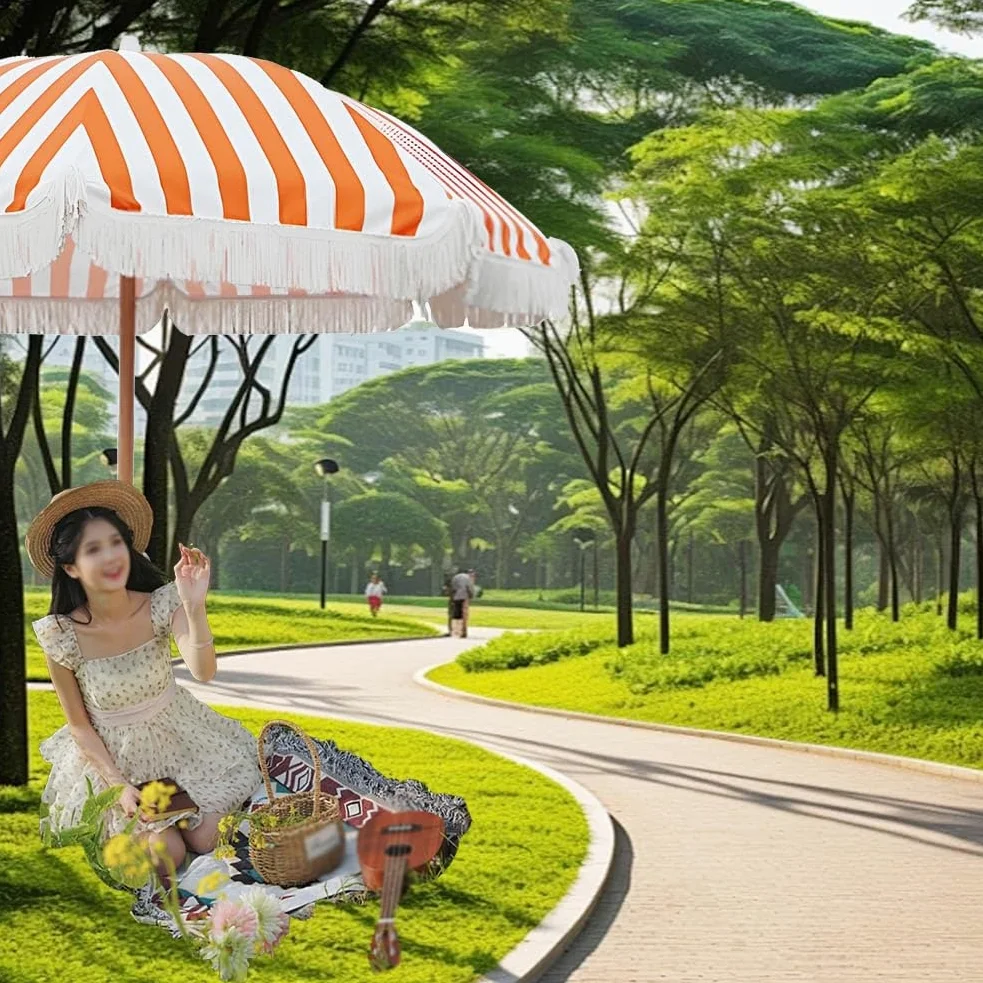 Genérico 220 cm Sombrilla de Exterior a Rayas Naranjas con Borla, Parasol de Playa UPF50+, Sombrilla de Jardín Plegable con Poste de Hierro