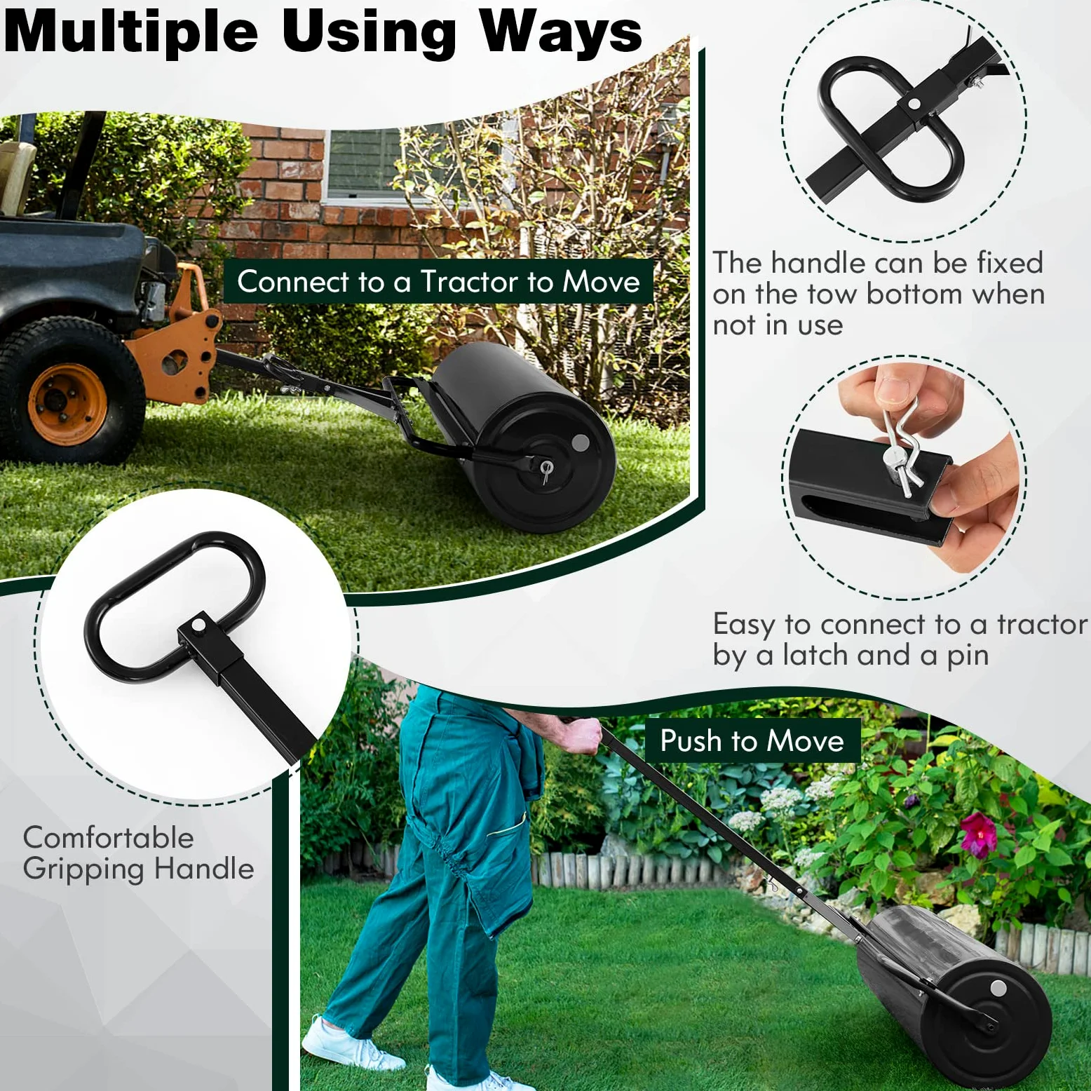 Rodillo para césped de jardín de 48L/60L/63L, Herramienta de Empuje de Gran Capacidad para césped, Tambor Resistente y desagüe extraíble, se Puede llenar con Agua o Arena, Acero galvanizado