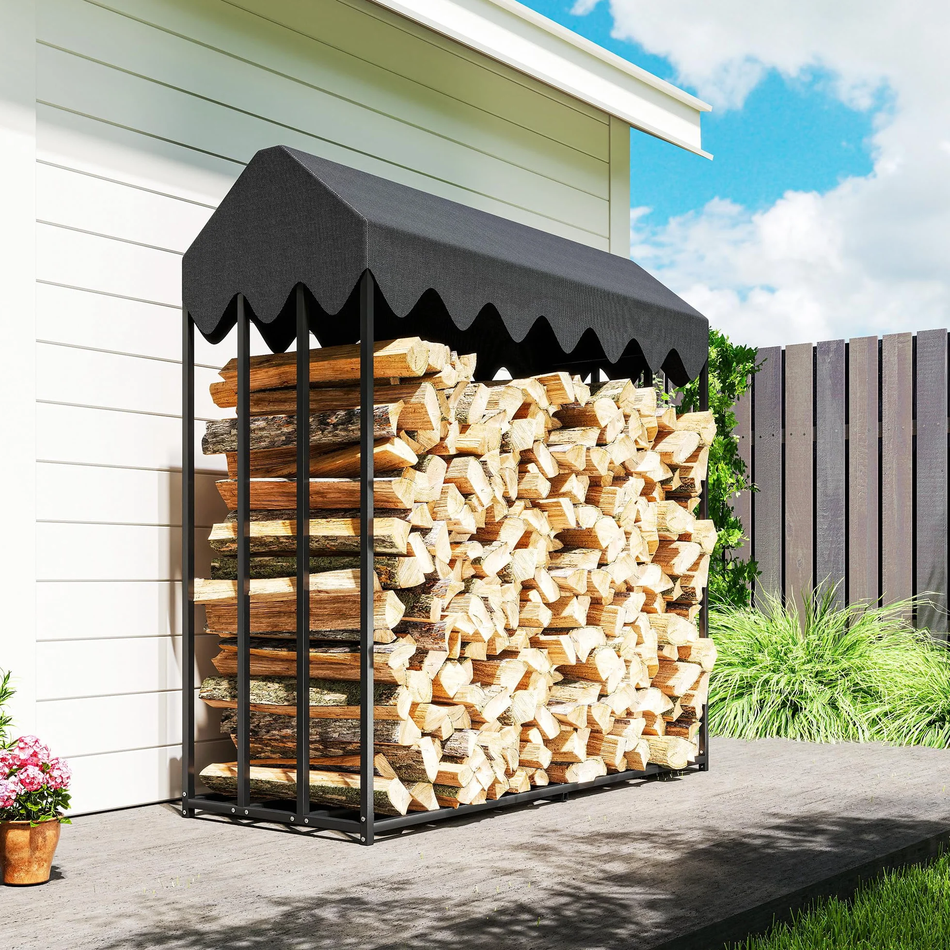 Outsunny Estante de Leña Metálico, 186x70x185 cm, Leñero Exterior con Cubierta Impermeable 600D Oxford, Marco de Acero, Soporte para Leña de Chimenea, para Jardín, Terraza