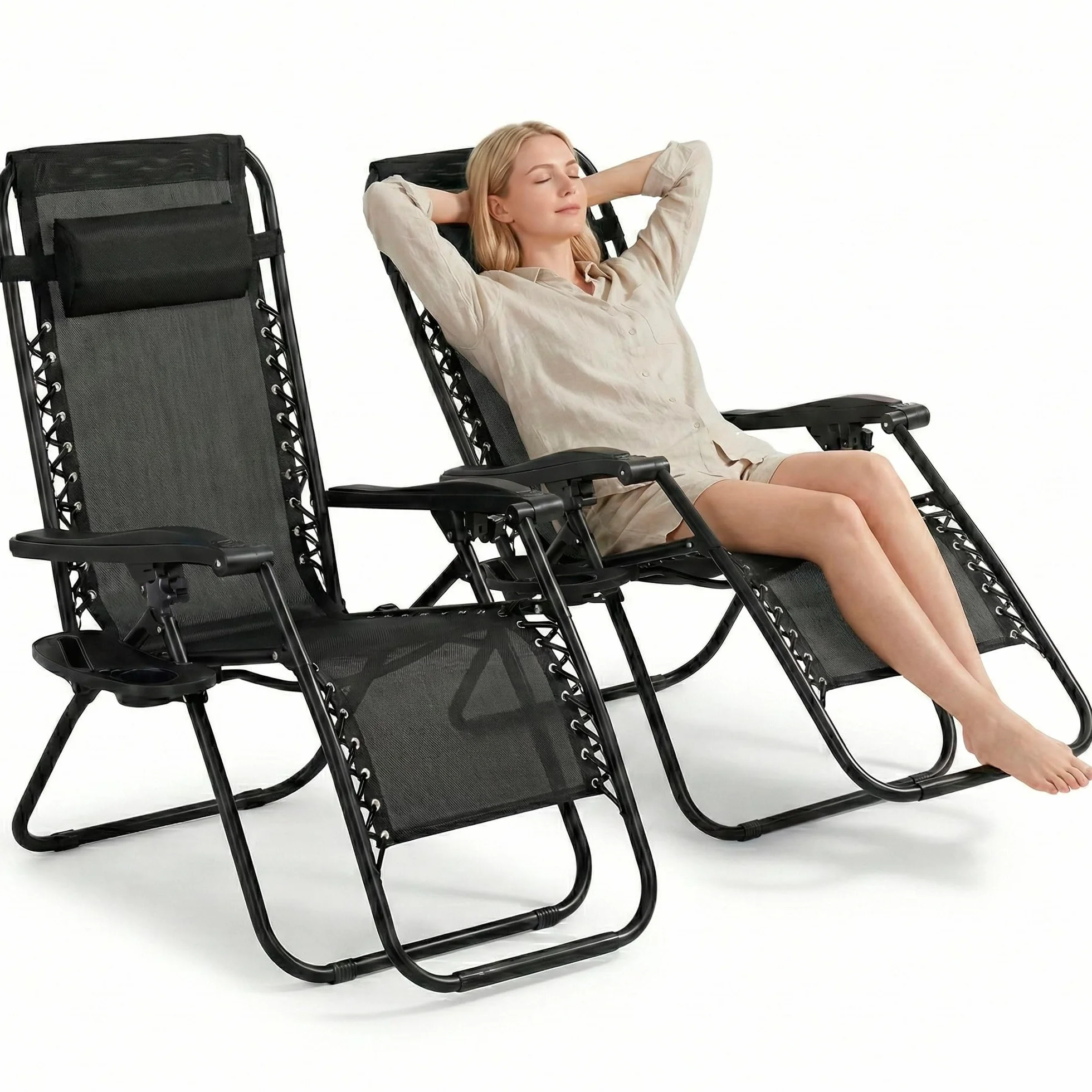 FORA Pack 2 Tumbonas Jardín Exterior Plegables – 176×67×110 Cm, Tubo 25mm y Tejido Transpirable, Color Negro, Reclinables con Bloqueo de Seguridad, Cojín Incluido, Plegado Rápido, 120Kg