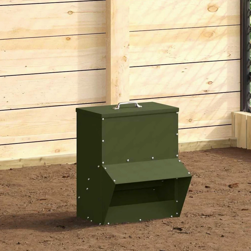 Comedero para pollos verde oliva de acero laminado en frío, 35 x 20,5 x 43,5 cm, resistente a la intemperie, con techo y asa de tapa, para interior y exterior, práctico comedero para aves