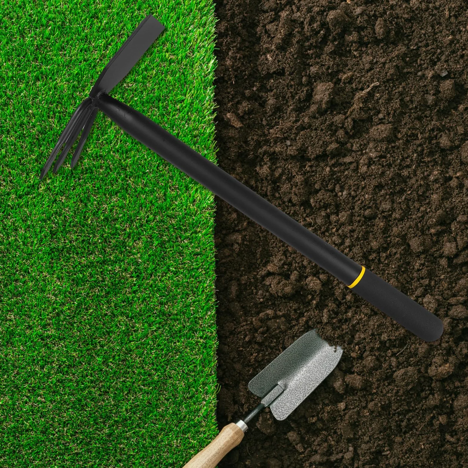 Azada Doméstica de Acero al Manganeso Negra Portátil | Herramienta de Excavación de Dos Cabezas, para Trasplantar Jardín, Cultivador Manual