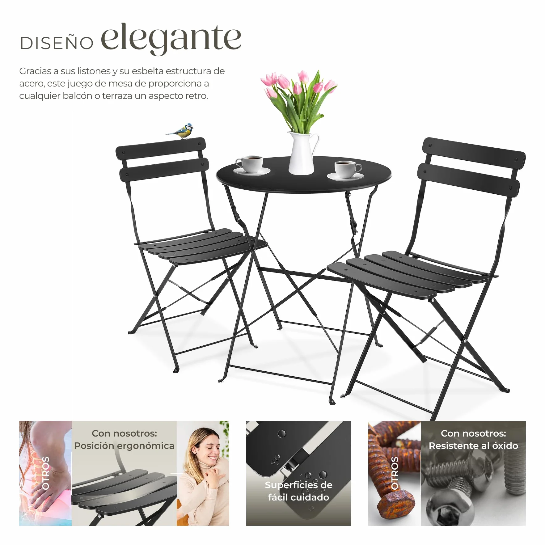 tectake® Conjunto Muebles Jardín Exterior de Mesa de Bistró y 2 Sillas, Plegables, Tapas Antideslizantes, Mesa y Sillas Terraza Estilo Retro con Estructura de Acero, Ideal Balcones Pequeños - Negro