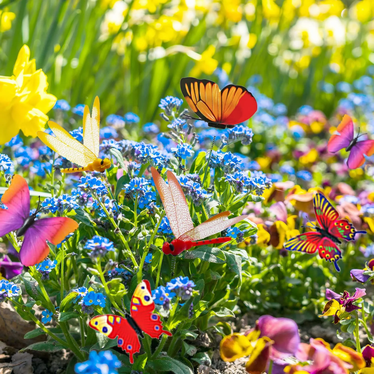 SNAILGARDEN Juego de 60 Estacas de Mariposas de Jardín, Mariposas, Libélulas, Adornos de Mariquita en Palos, para Decoración de Patio, Fiesta, Césped