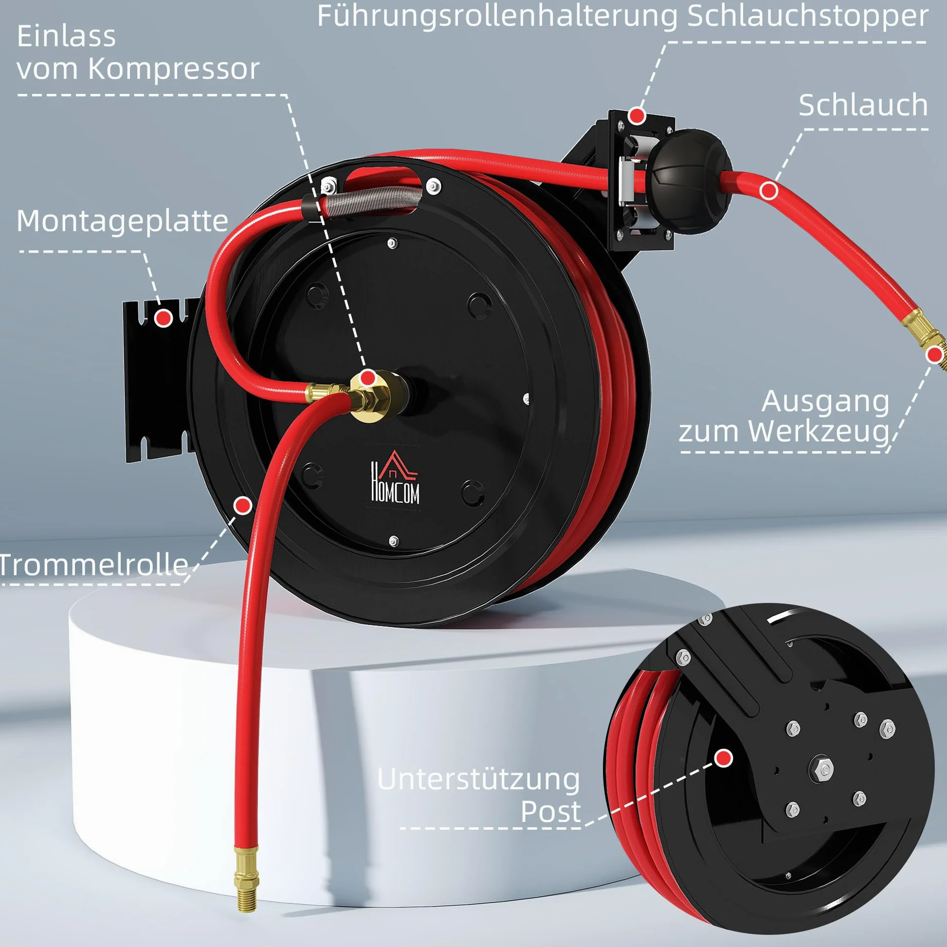 HOMCOM Carrete manguera aire automático 15m+1m | Conexión 1/4", 9,5x15,8mm, máx 20 bar, freno manguera, carrete con soporte pared.