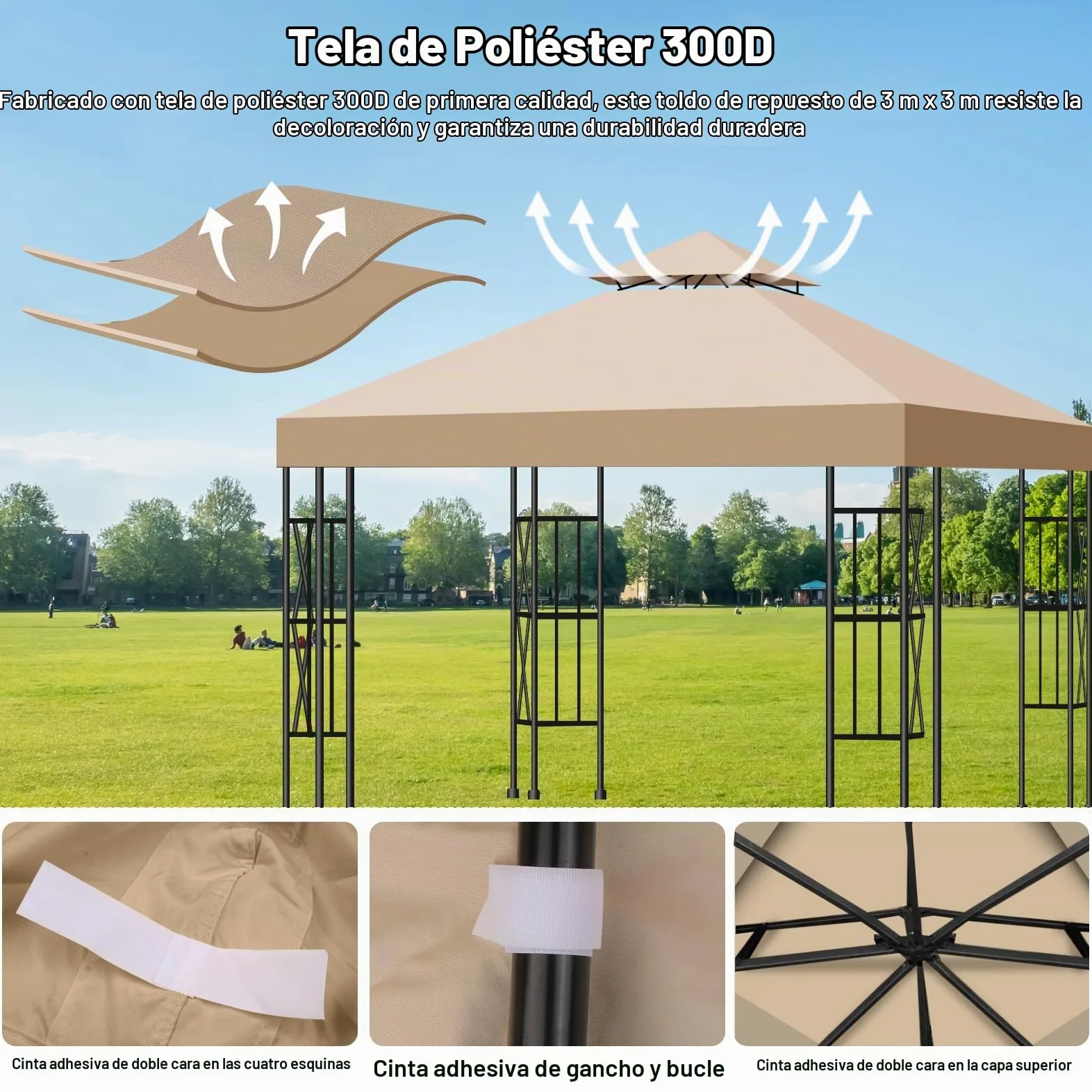 Toldo Recambio Pergola 3x3 m, Techo de Repuesto con Ventilación para Cenador de Jardín, Cubierta Amovible Lona Impermeable con Protección UV para Barbacoa, Bodas, Fiestas y Camping(Caqui)