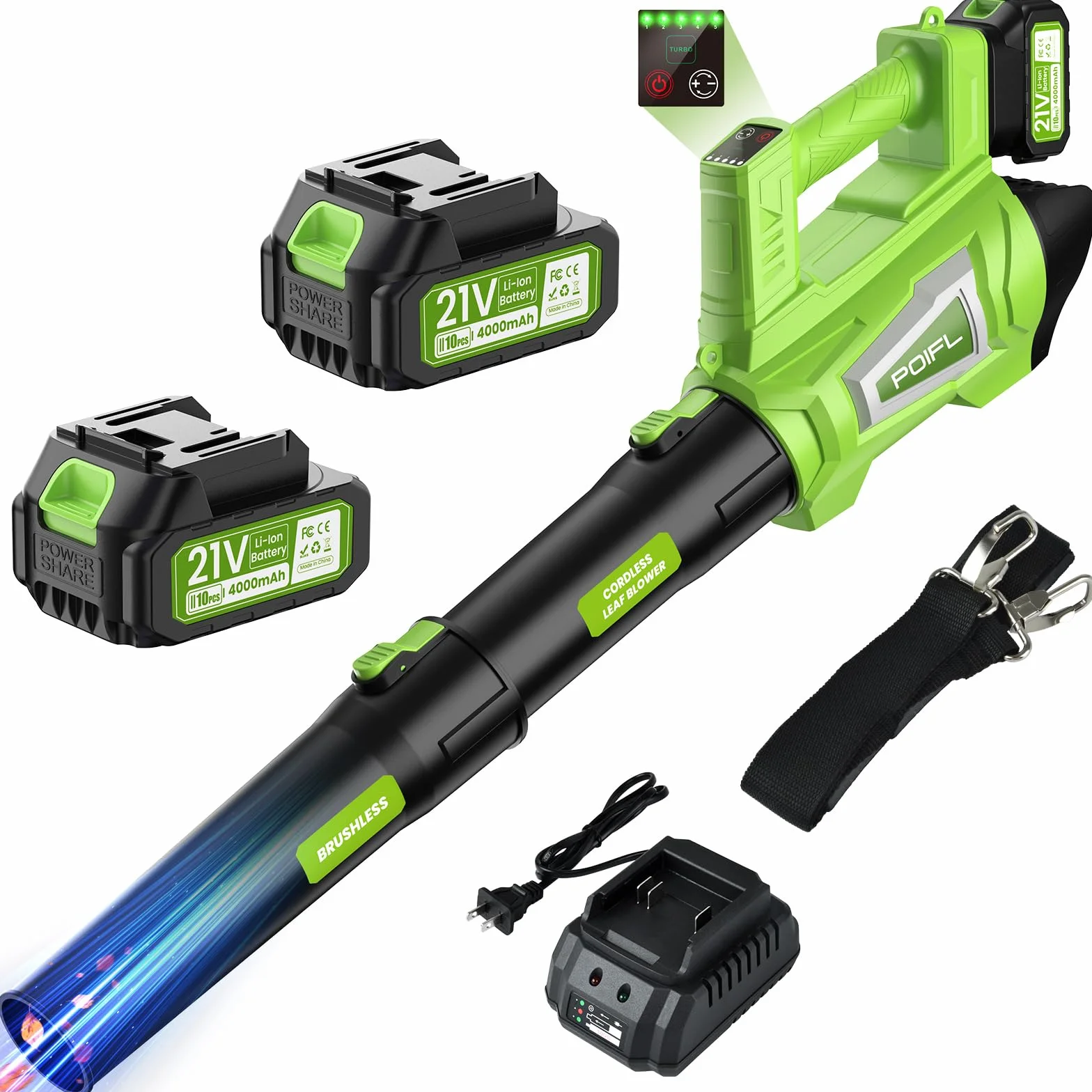 Soplador De Hojas Bateria, Velocidad Máxima del Viento 245 Km/h, Equipado con 2 Baterías De 4,0 Ah, Correa De Hombro De 1,6 m y Cargador Rápido, Utilizado para Limpiar Hojas De Jardín, Nieve, Polvo