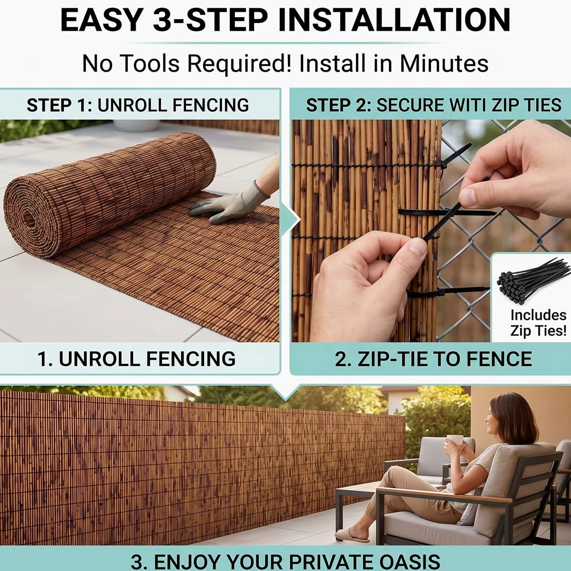 Cañizo Natural Trenzado Valla de Privacidad para Jardín Exterior Rollo de Caña Pantalla de Ocultación Protector Visual Decorativo para Piscina Patio Trasero Sombra Transpirable(Carbonizado,60x600cm)