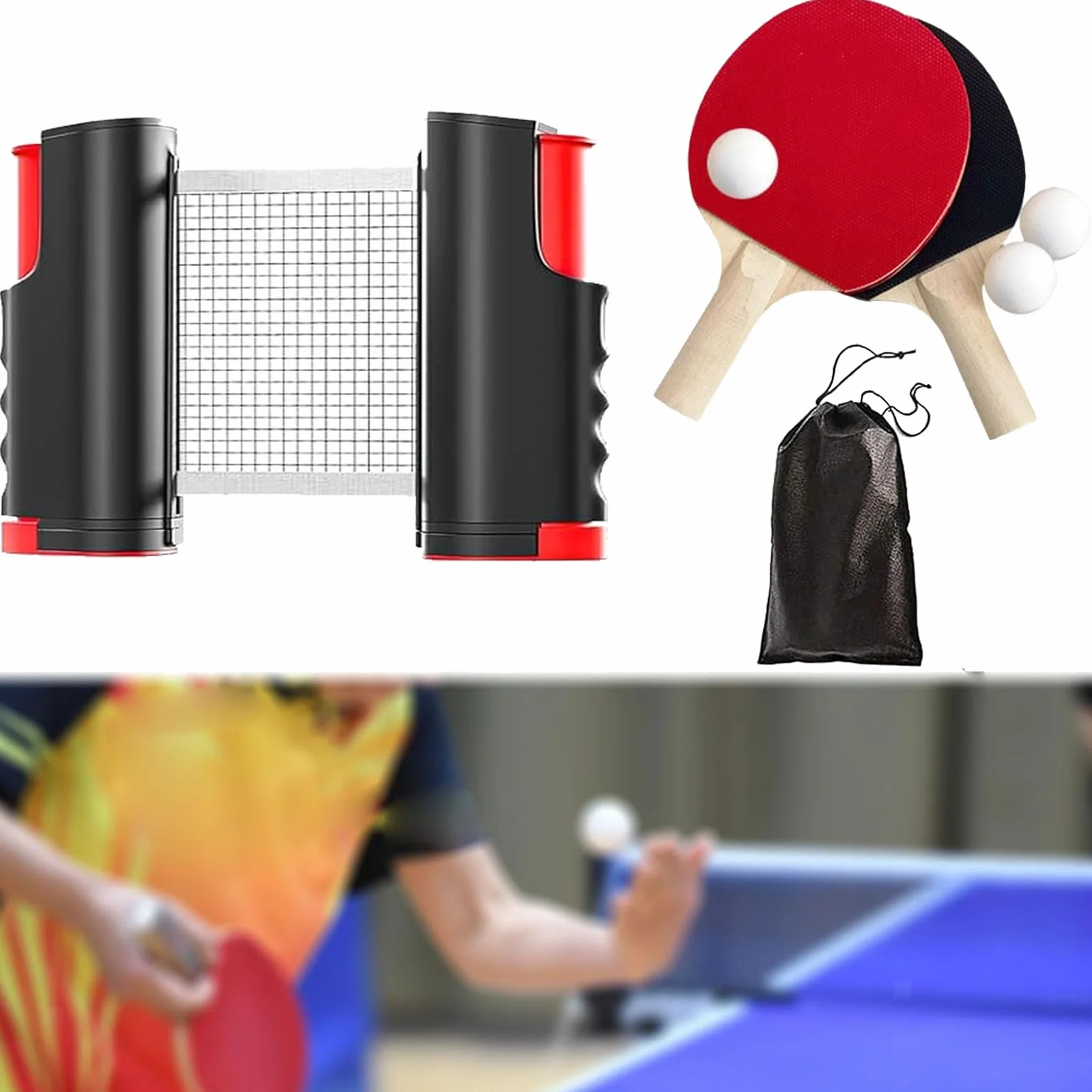 Set de Ping Pong Portátil con 2 Raquetas, 3 Bolas, Red Retráctil y Bolsa de Almacenamiento