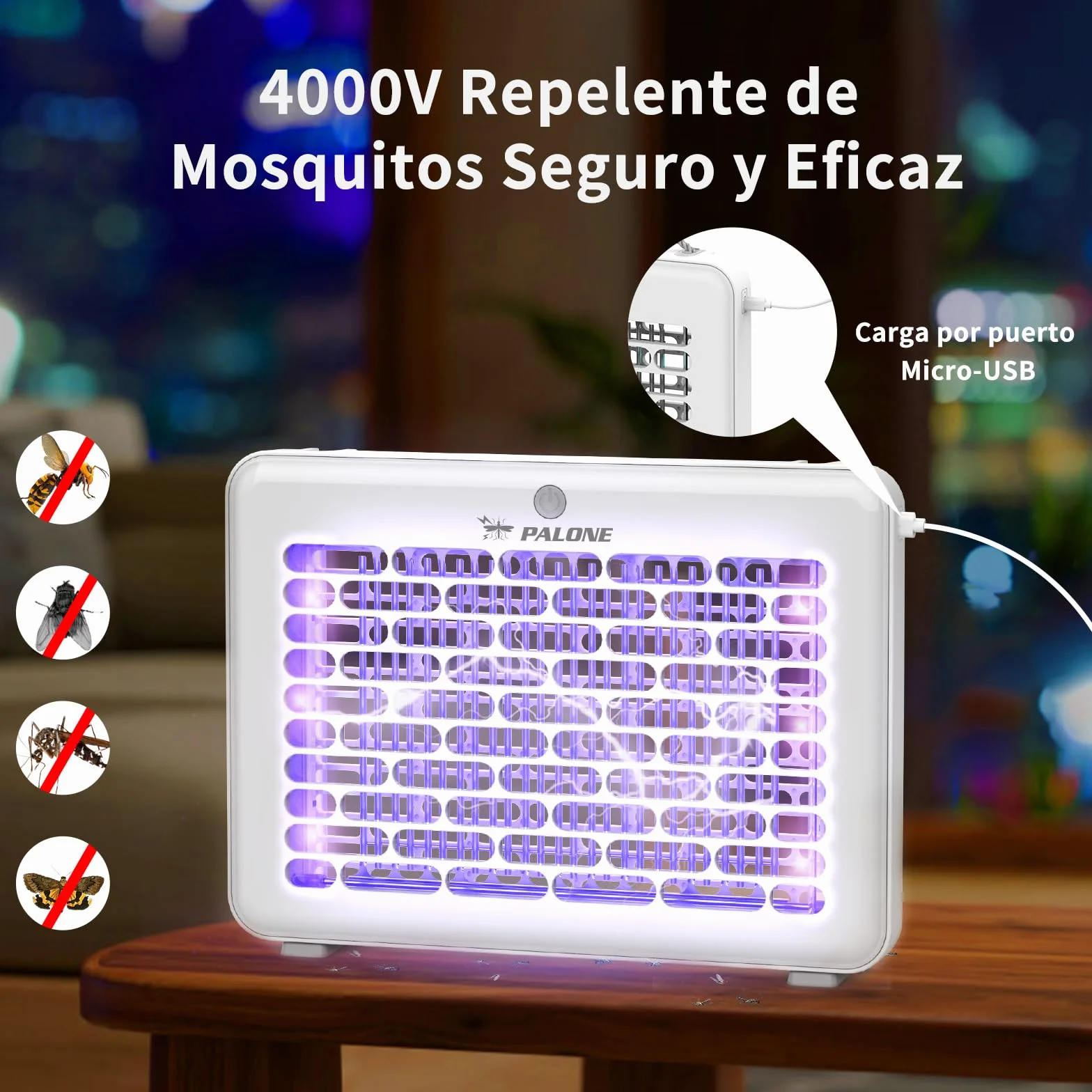 PALONE Lampara Antimosquitos 4000V, Mata Moscas Eléctrica USB 1200mAh, Trampa para Mosquitos con 3 Bombillas LED UV para Interior y Exterior, Suspendible con Cordón (30 * 22 * 4 cm)
