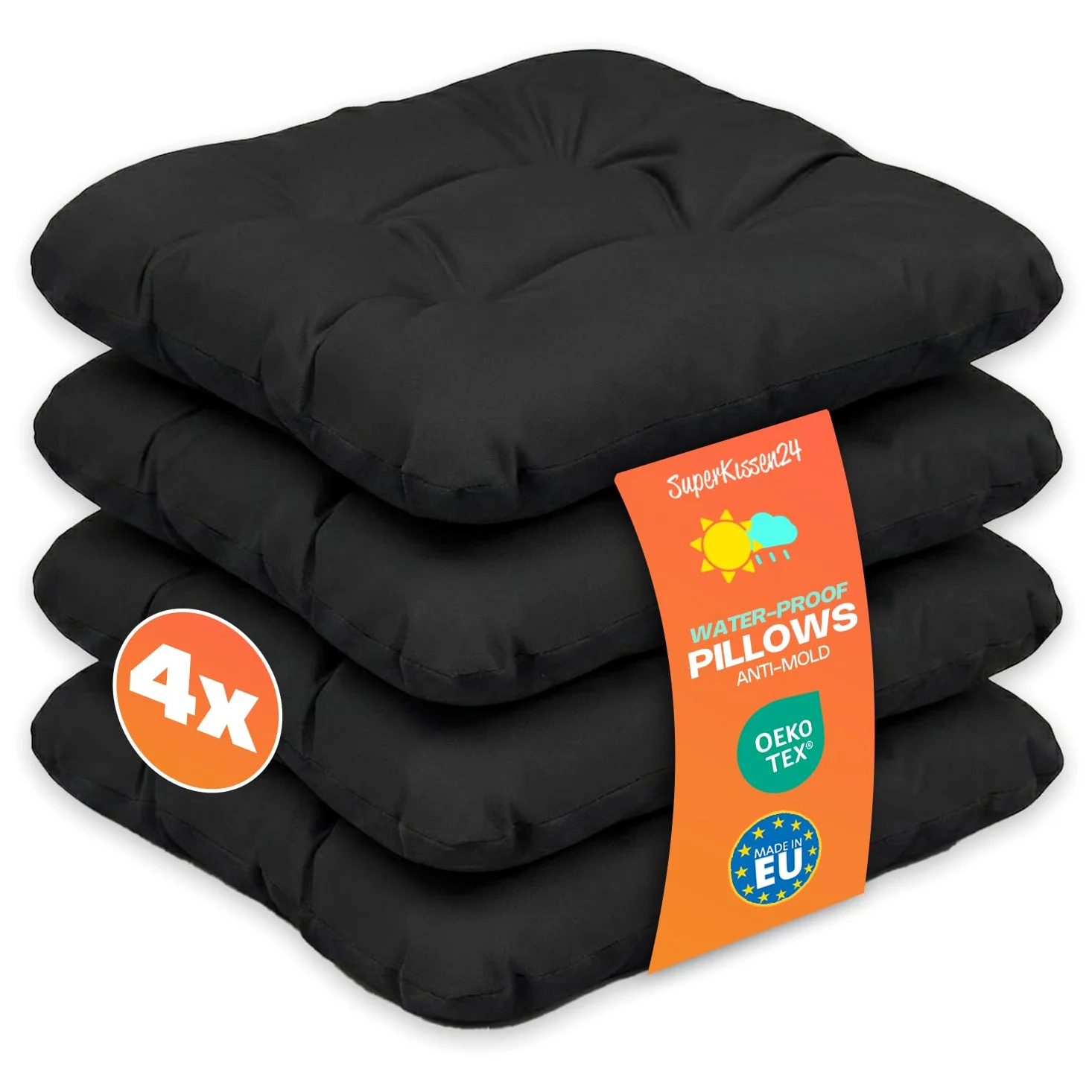 SuperKissen24. Set de 4 Cojines de Asiento - Cojín de Silla 45x45 cm para Interior y Exterior Cómodo e Impermeable para Muebles de Jardin, Terraza, para Suelo - Negro