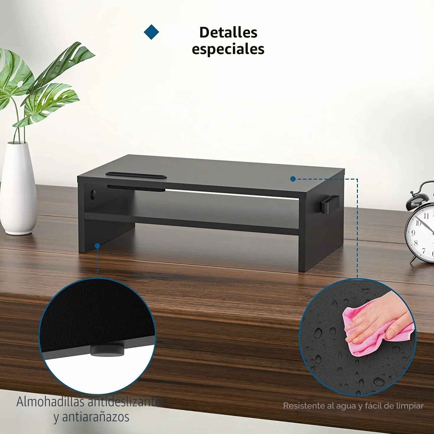 BONTEC Elevador Monitor Escritorio Madera, Soporte 2 Niveles Gestión Cables Ranura Móvil, 30 kg, Negro 420x235x142mm