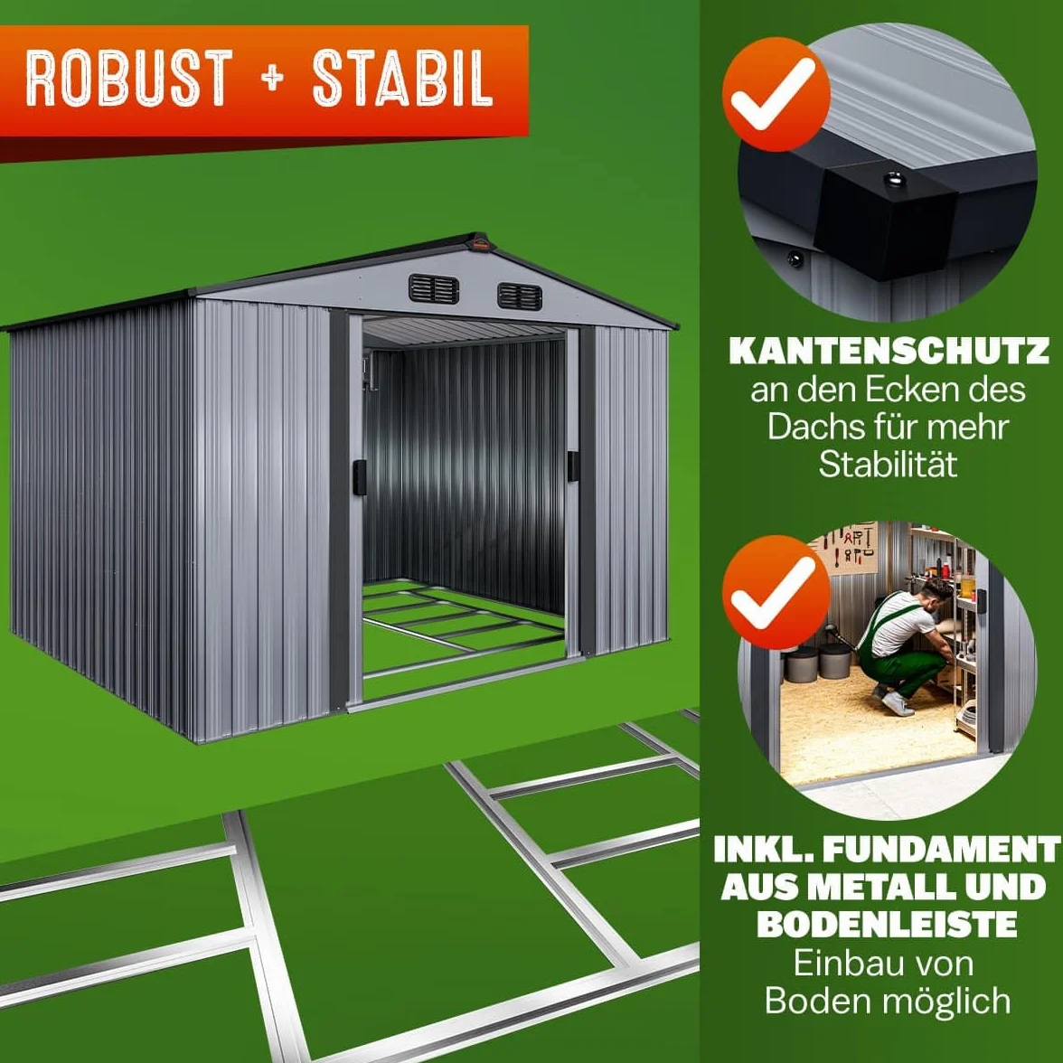 GARDEBRUK® Cobertizo de Jardín XXL Caseta Exterior 5m² con Base 260x205x180cm 9m³ Puerta Corrediza Gris Metálico