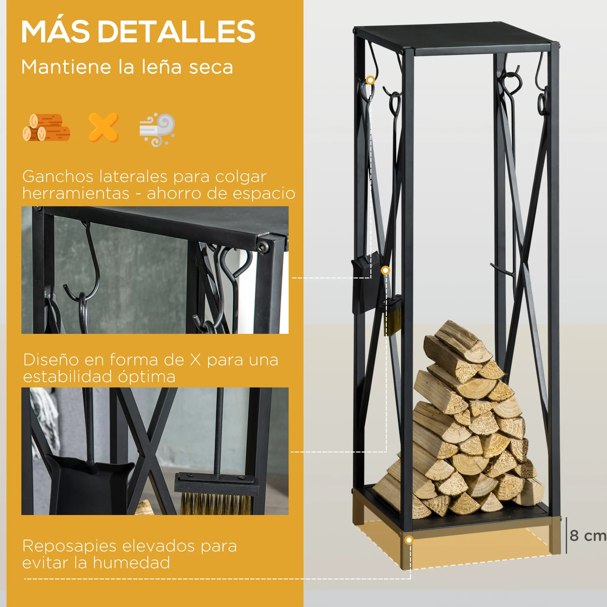 Outsunny Soporte para Leña Estante de Leña Metálico Leñero de Exterior con Ganchos Pala Cepillo Atizador y Tenazas Carga 65 kg para Interior y Exterior 34x34x111 cm Negro
