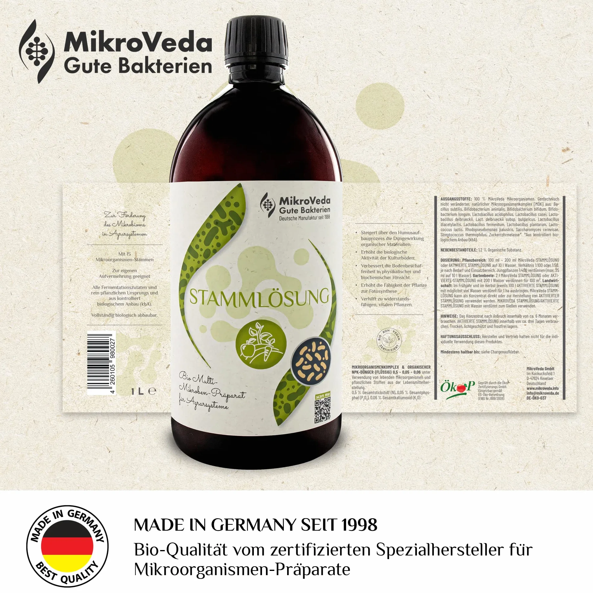MikroVeda Solución madre orgánica - Microorganismos efectivos - 15 cepas - Activador y auxiliar del suelo - Compost - Estanques - Jardín - Agricultura